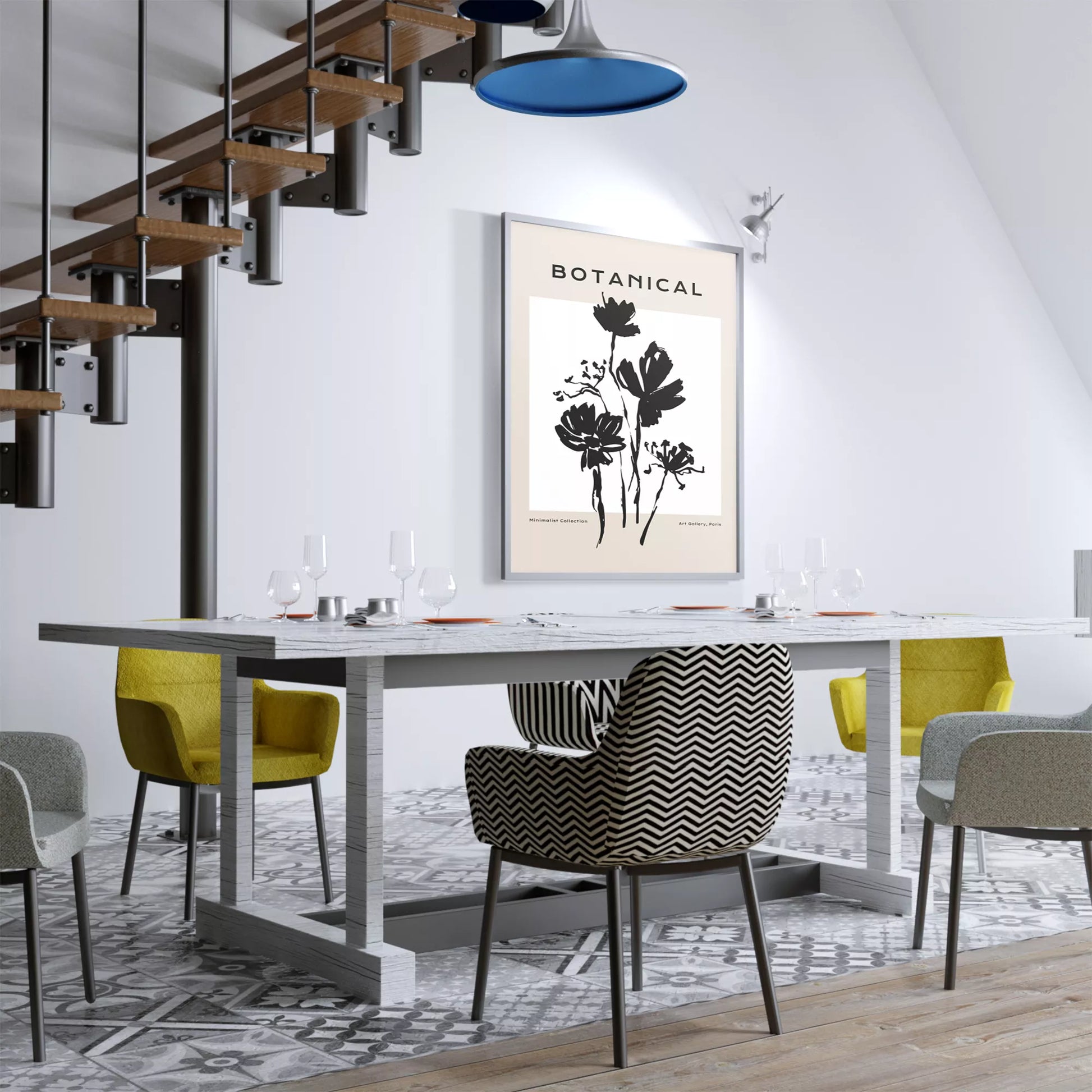 モノクロで描かれた北欧風ミニマルな花のアートポスター