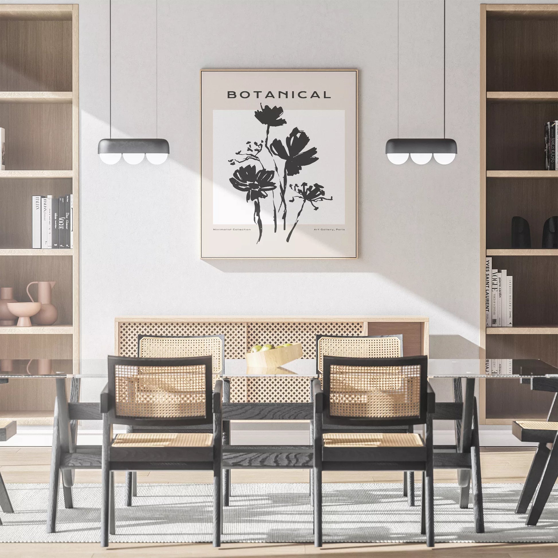 モノクロで描かれた北欧風ミニマルな花のアートポスター