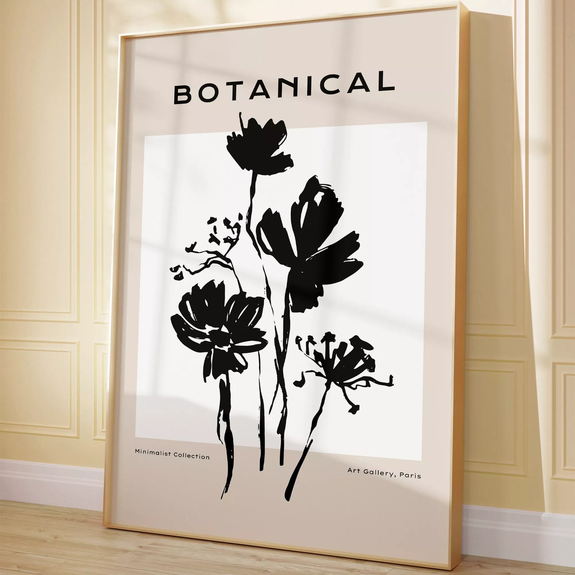 モノクロで描かれた北欧風ミニマルな花のアートポスター