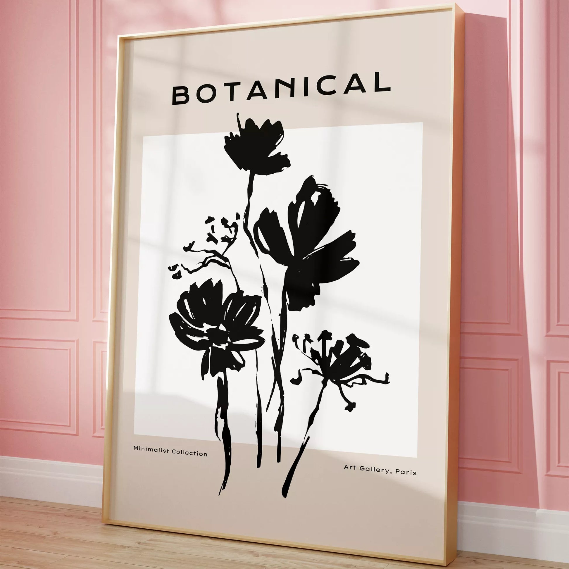 モノクロで描かれた北欧風ミニマルな花のアートポスター