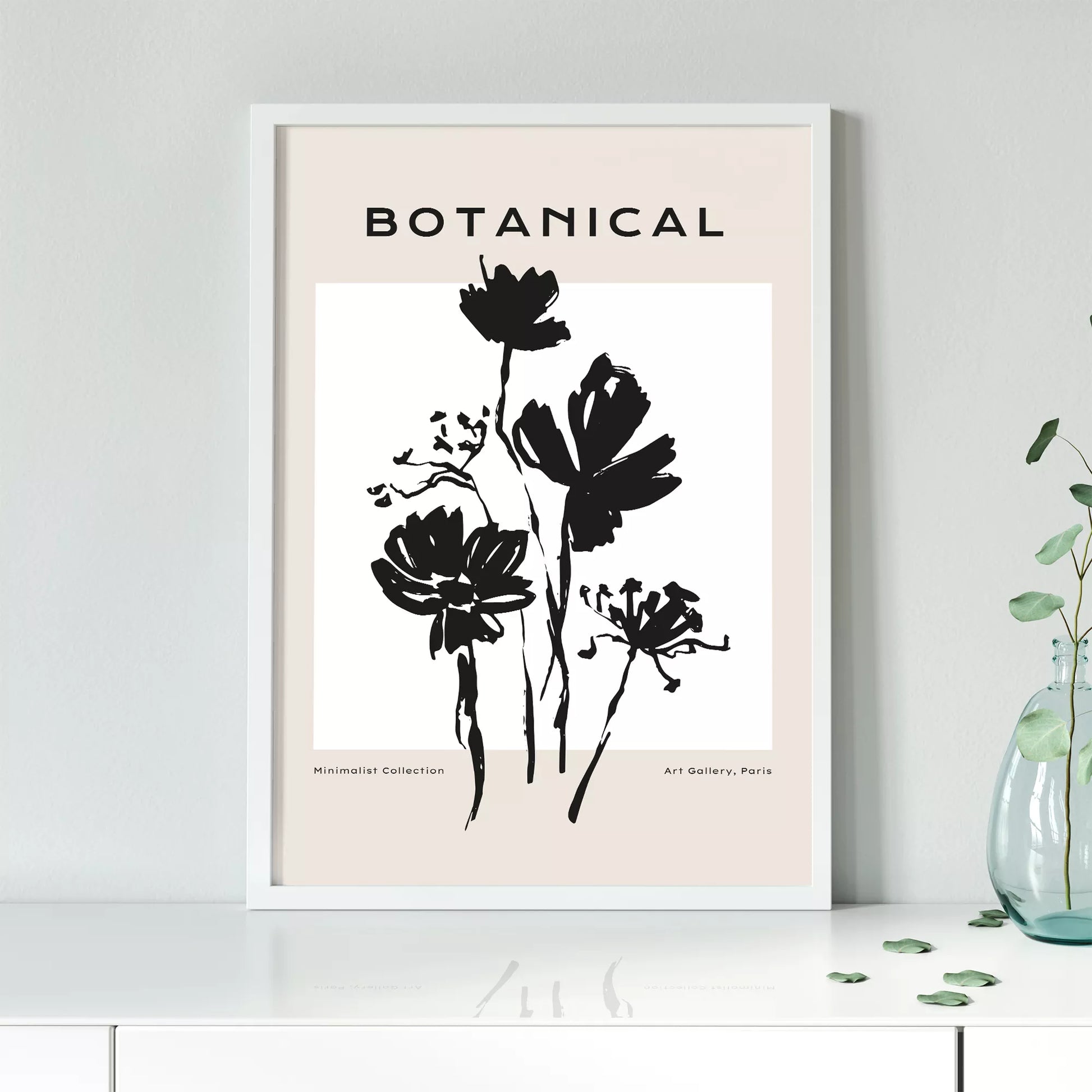 モノクロで描かれた北欧風ミニマルな花のアートポスター