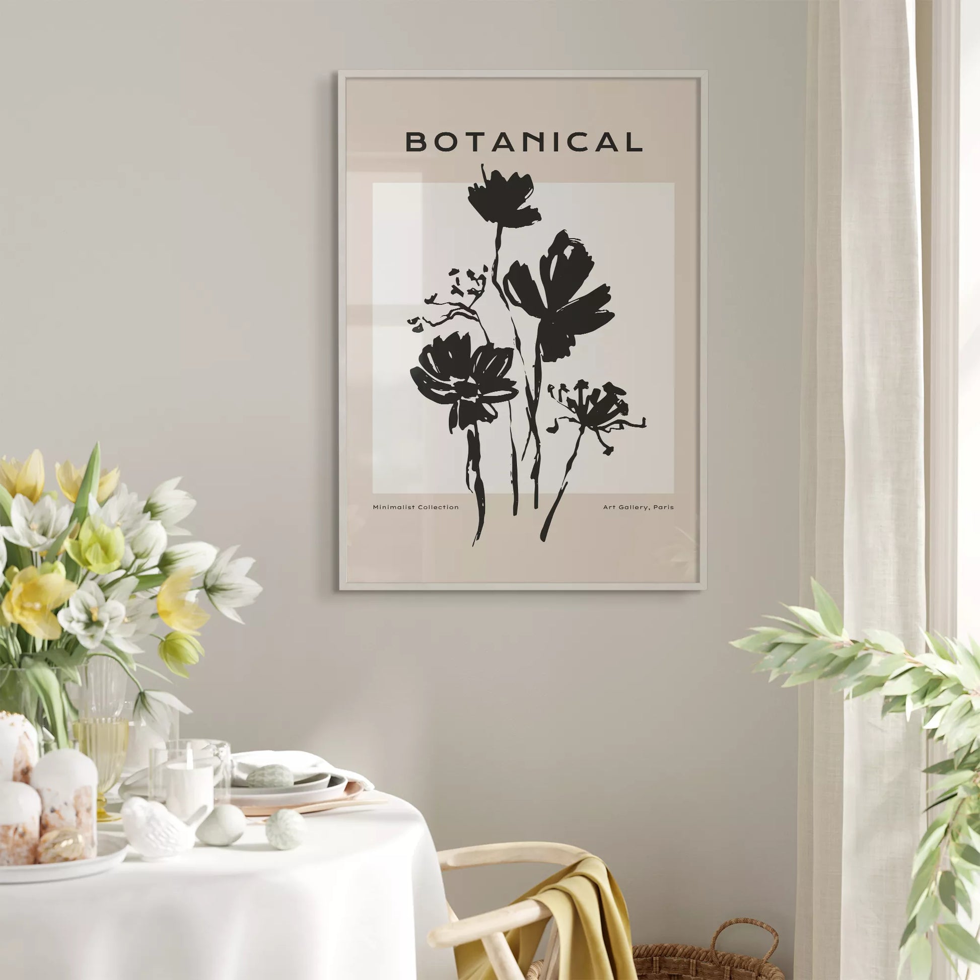 モノクロで描かれた北欧風ミニマルな花のアートポスター