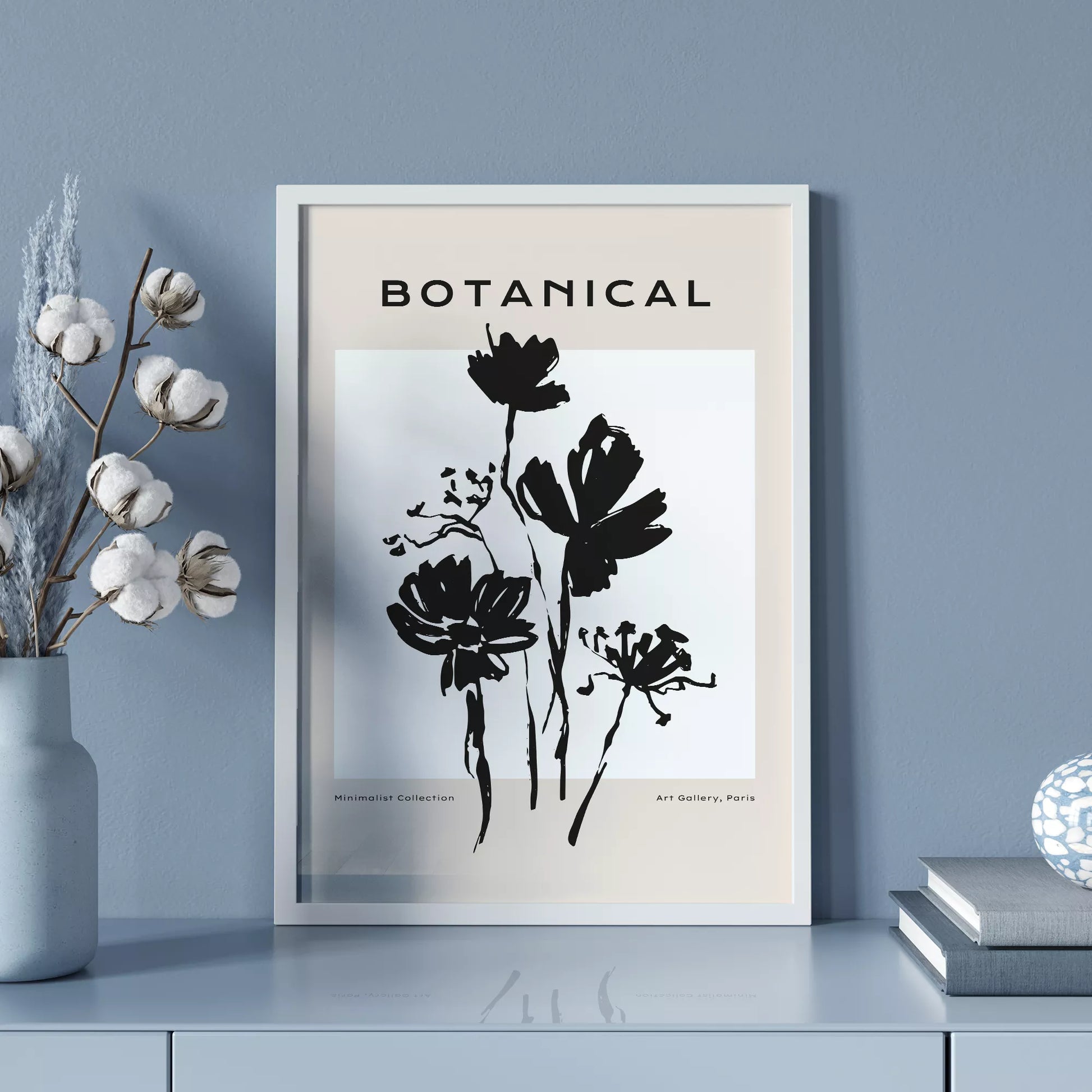 モノクロで描かれた北欧風ミニマルな花のアートポスター