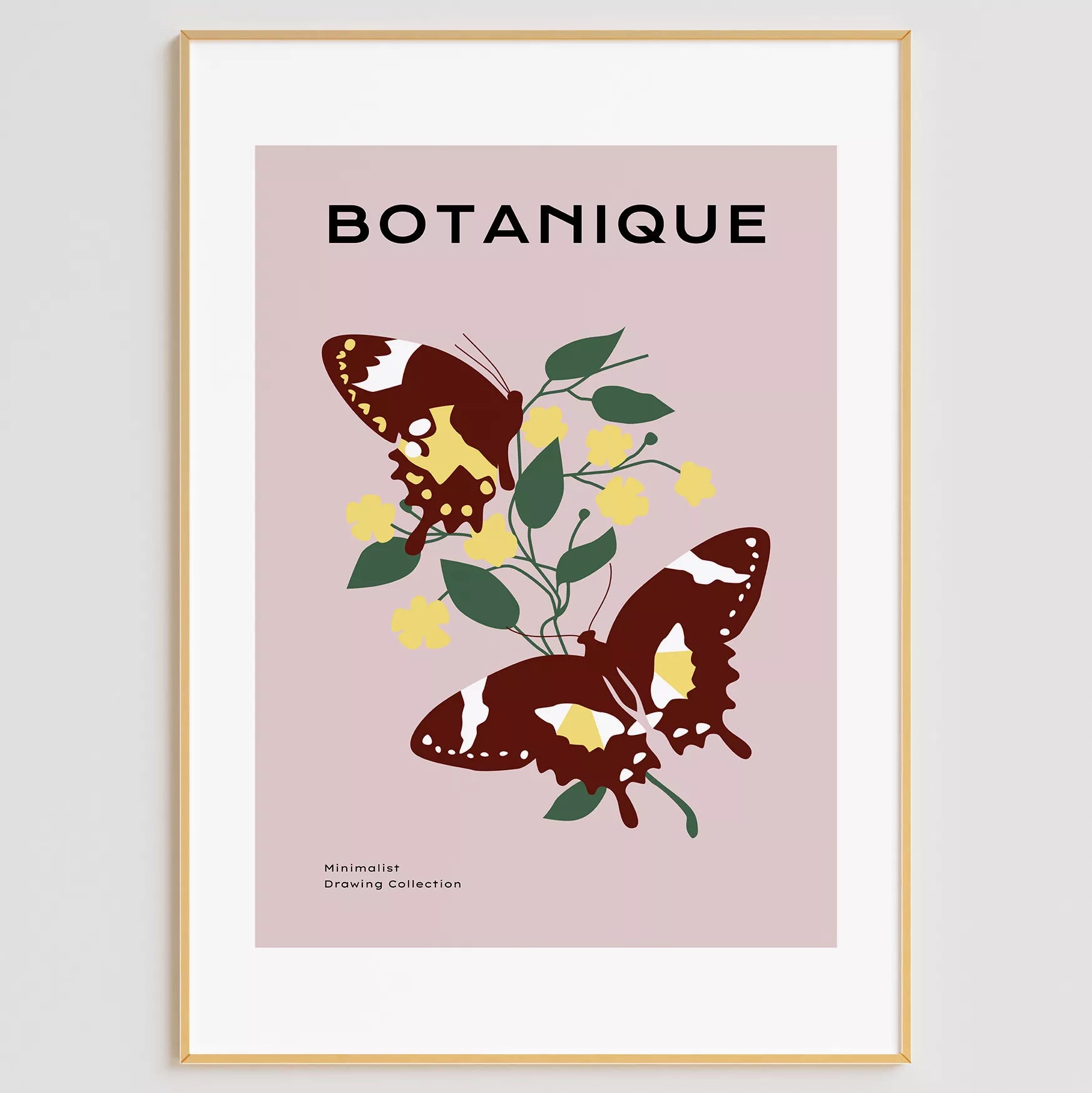 蝶とイエローフラワーの北欧ボタニカルアートポスター ピンク背景