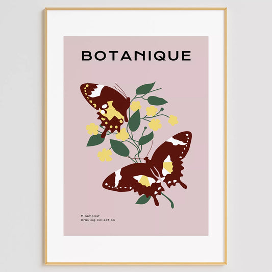蝶とイエローフラワーの北欧ボタニカルアートポスター ピンク背景