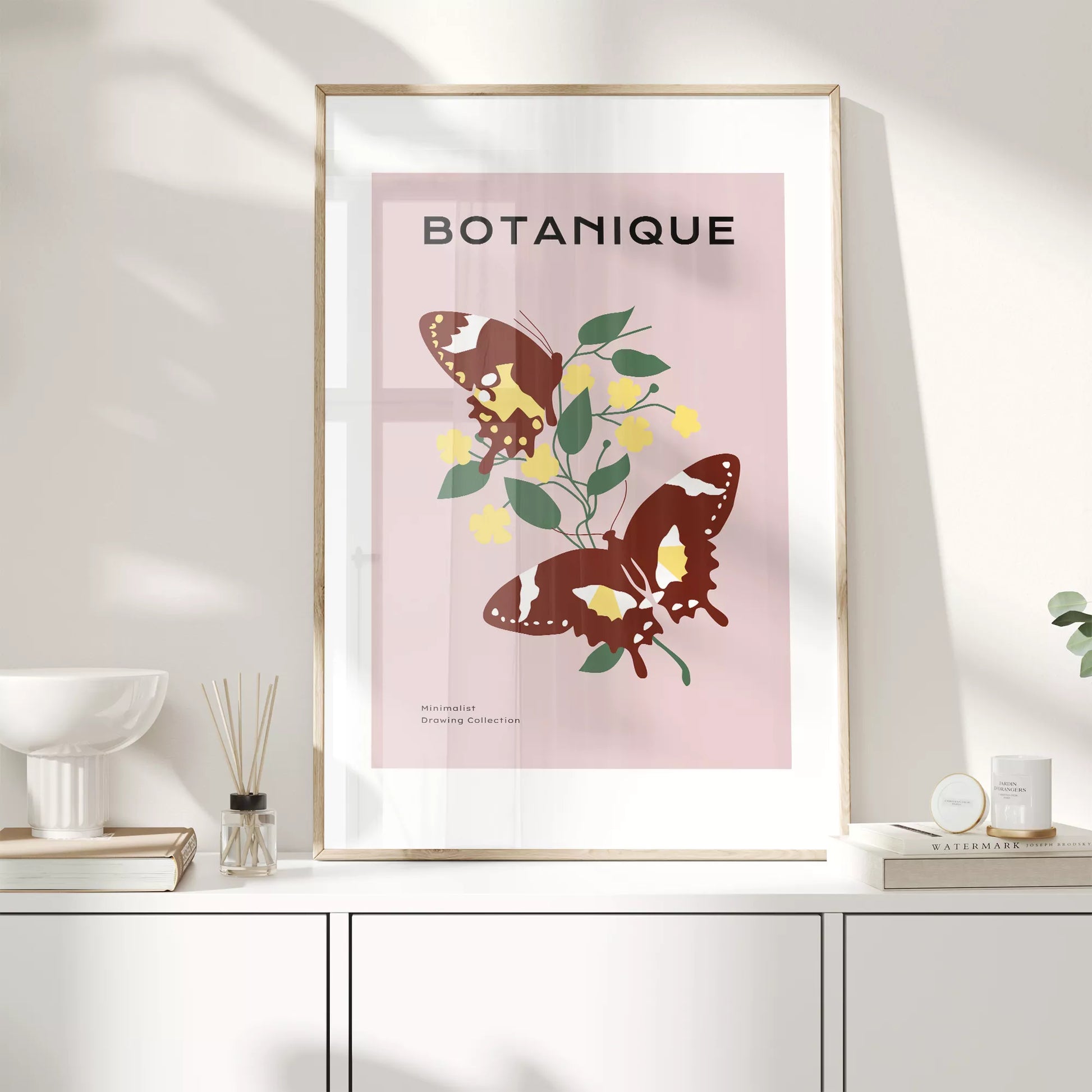 蝶とイエローフラワーの北欧ボタニカルアートポスター ピンク背景