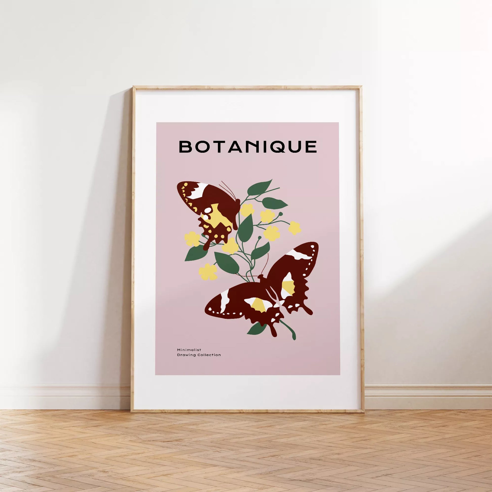 蝶とイエローフラワーの北欧ボタニカルアートポスター ピンク背景