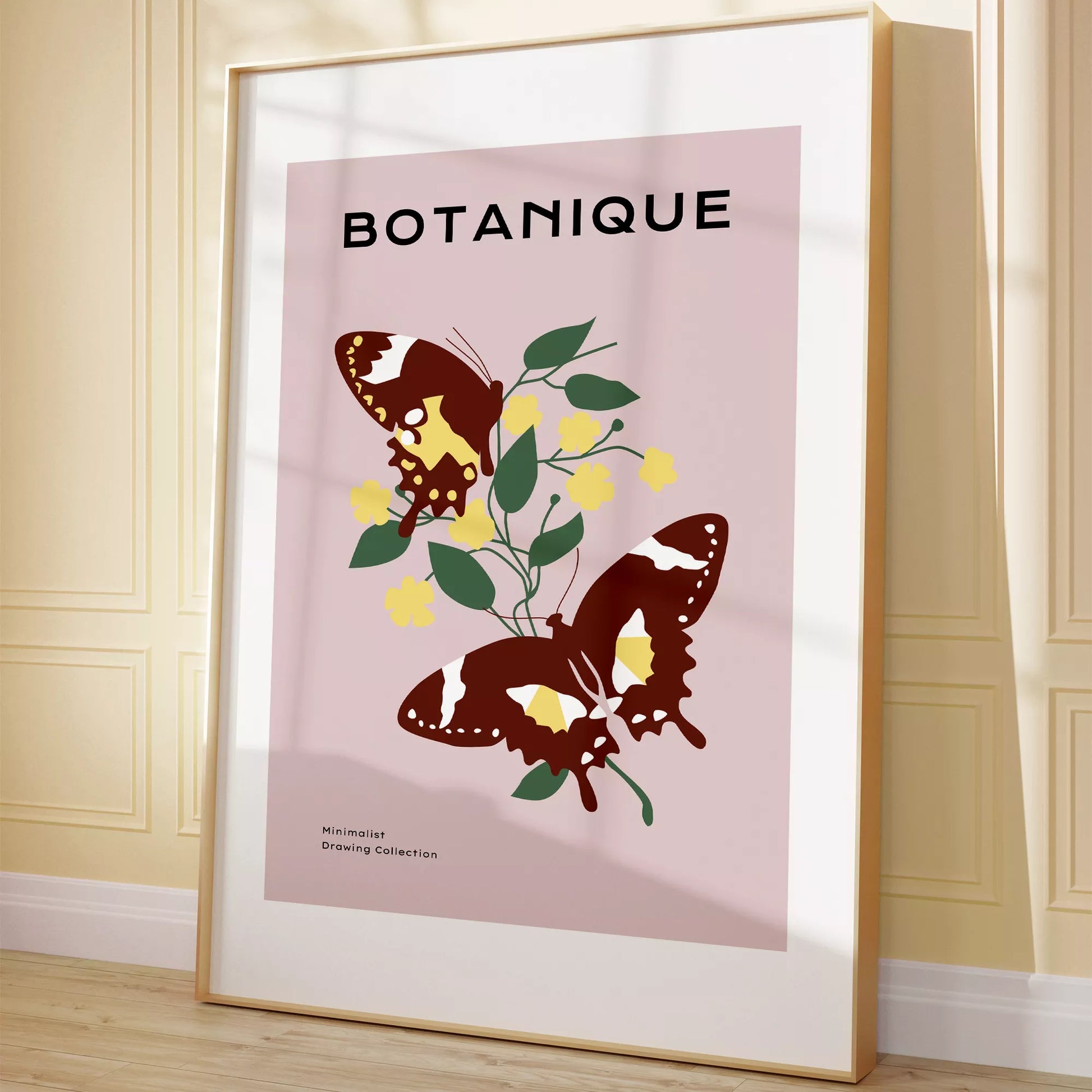蝶とイエローフラワーの北欧ボタニカルアートポスター ピンク背景