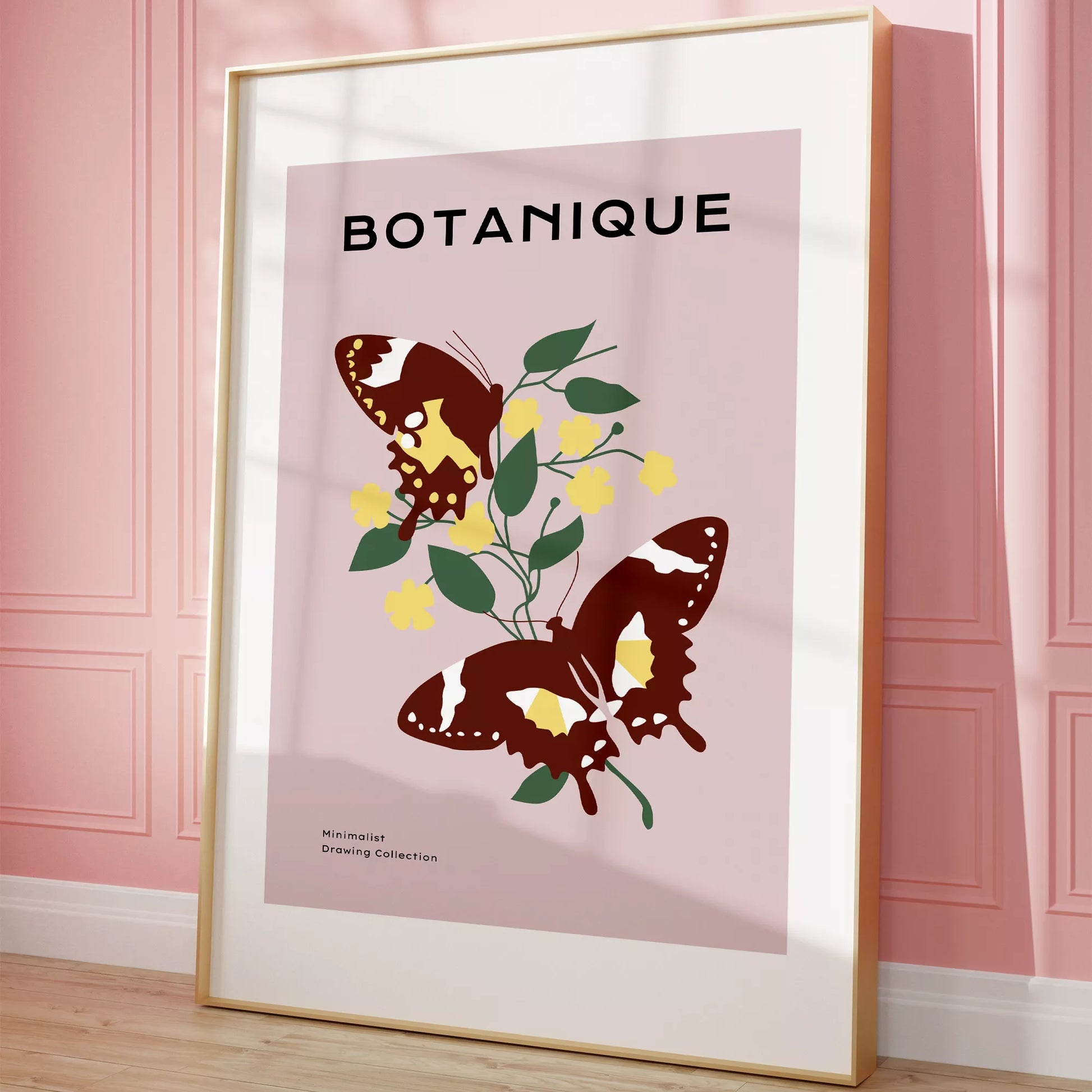 蝶とイエローフラワーの北欧ボタニカルアートポスター ピンク背景