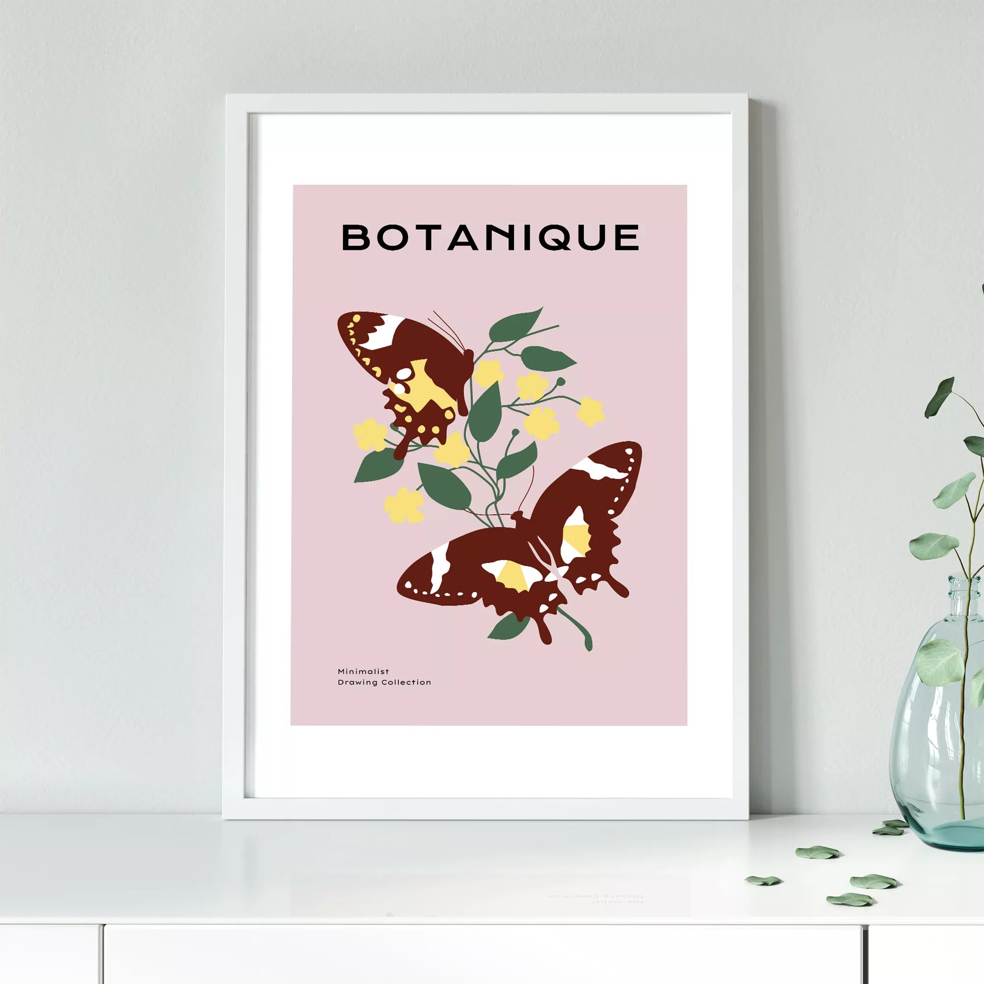 蝶とイエローフラワーの北欧ボタニカルアートポスター ピンク背景