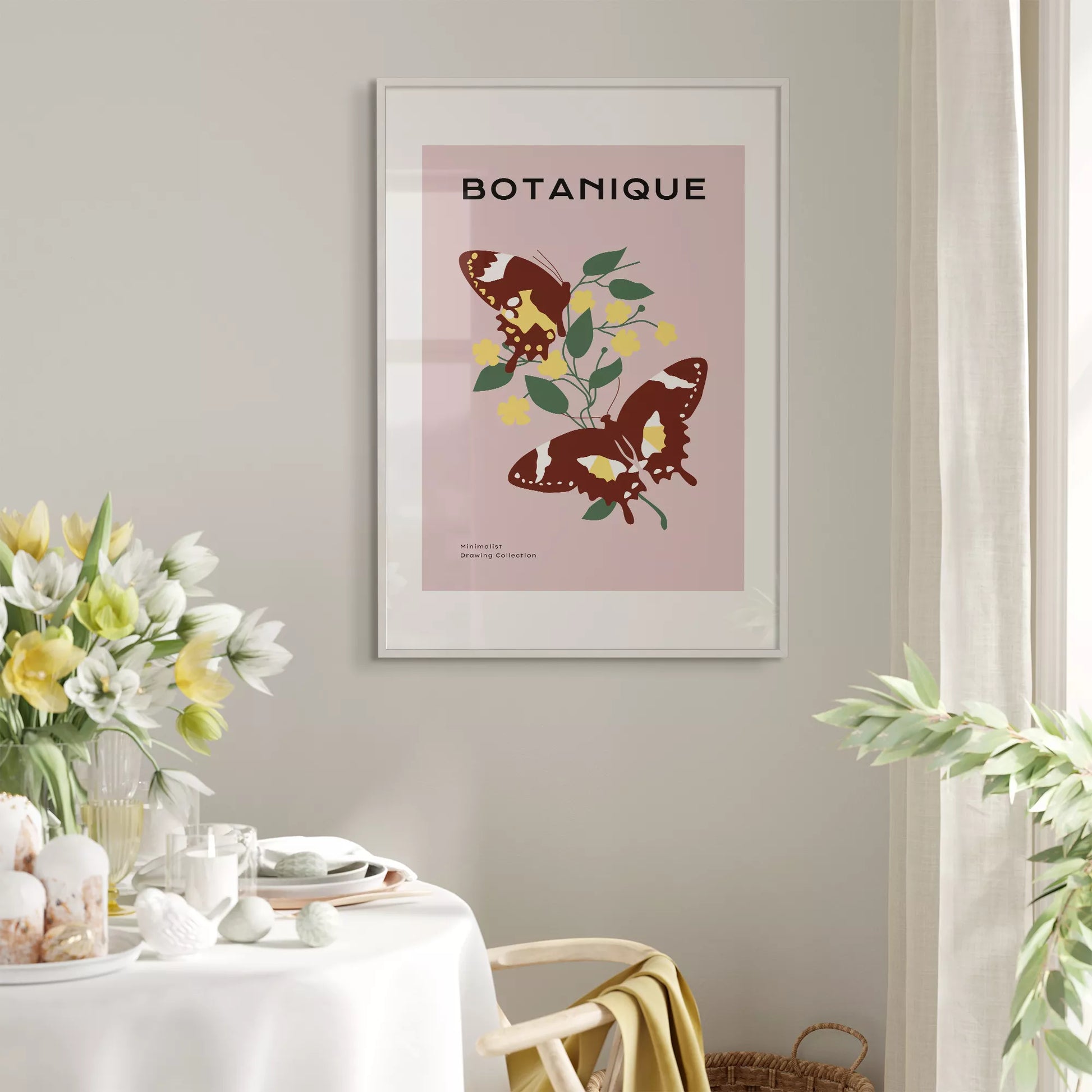 蝶とイエローフラワーの北欧ボタニカルアートポスター ピンク背景