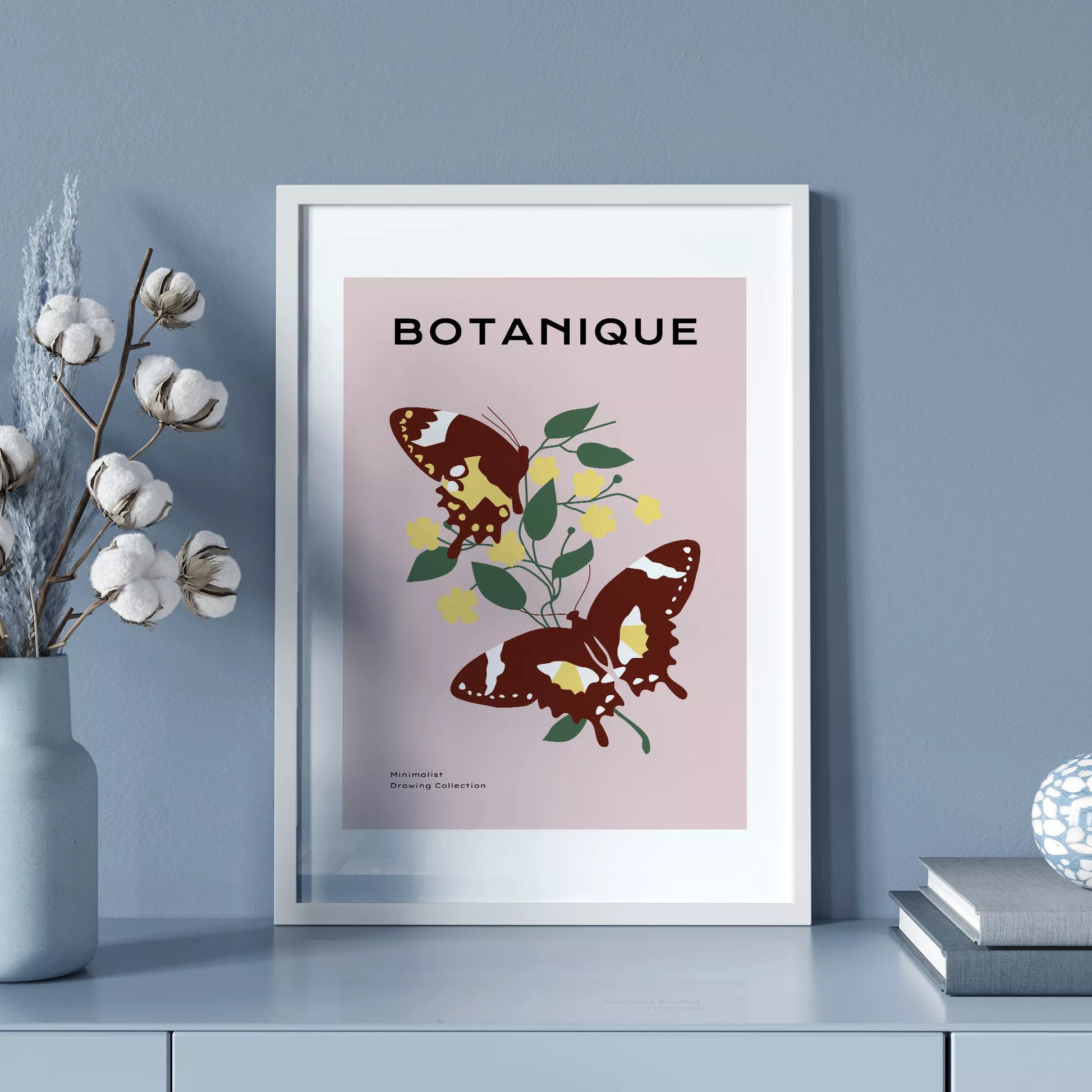 蝶とイエローフラワーの北欧ボタニカルアートポスター ピンク背景