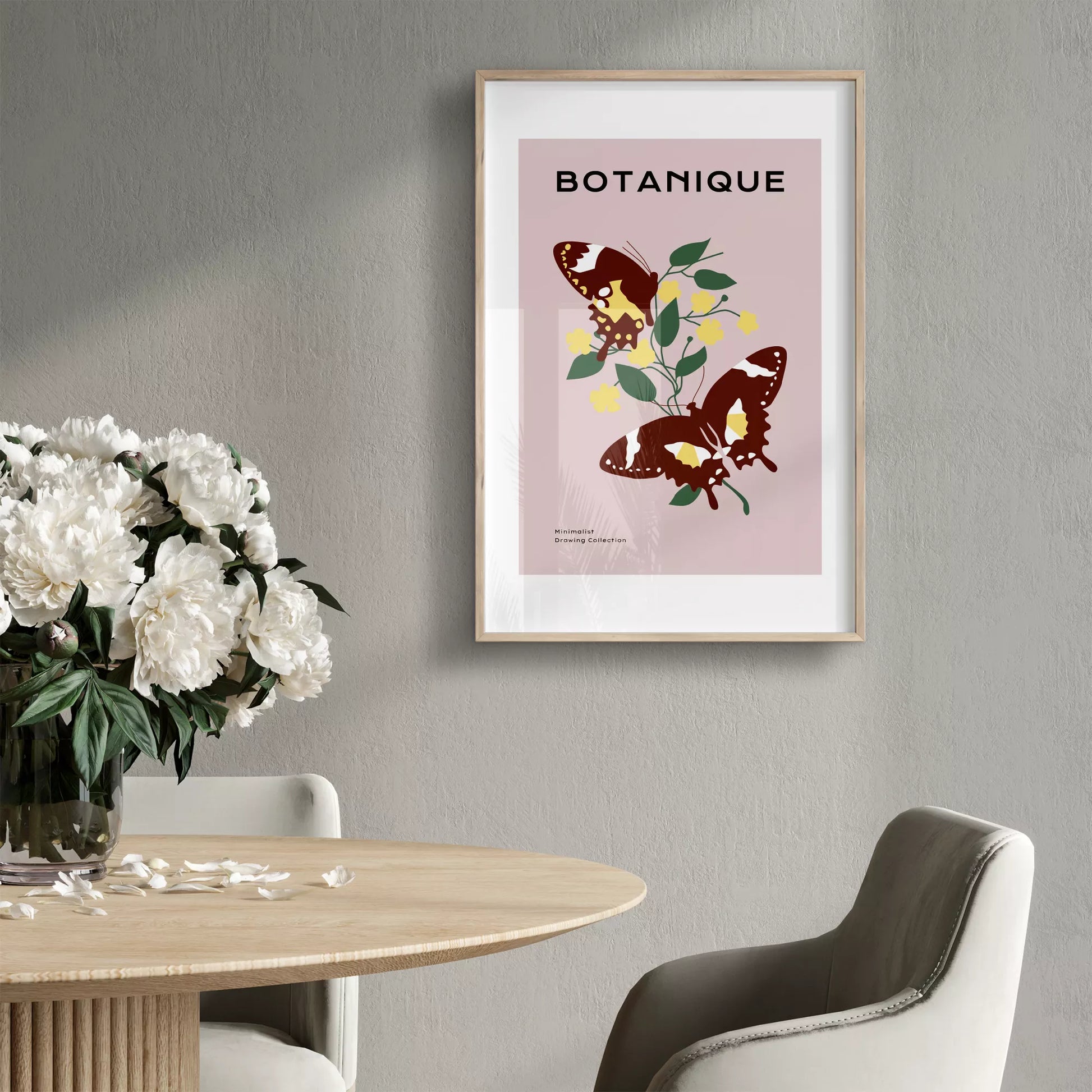 蝶とイエローフラワーの北欧ボタニカルアートポスター ピンク背景