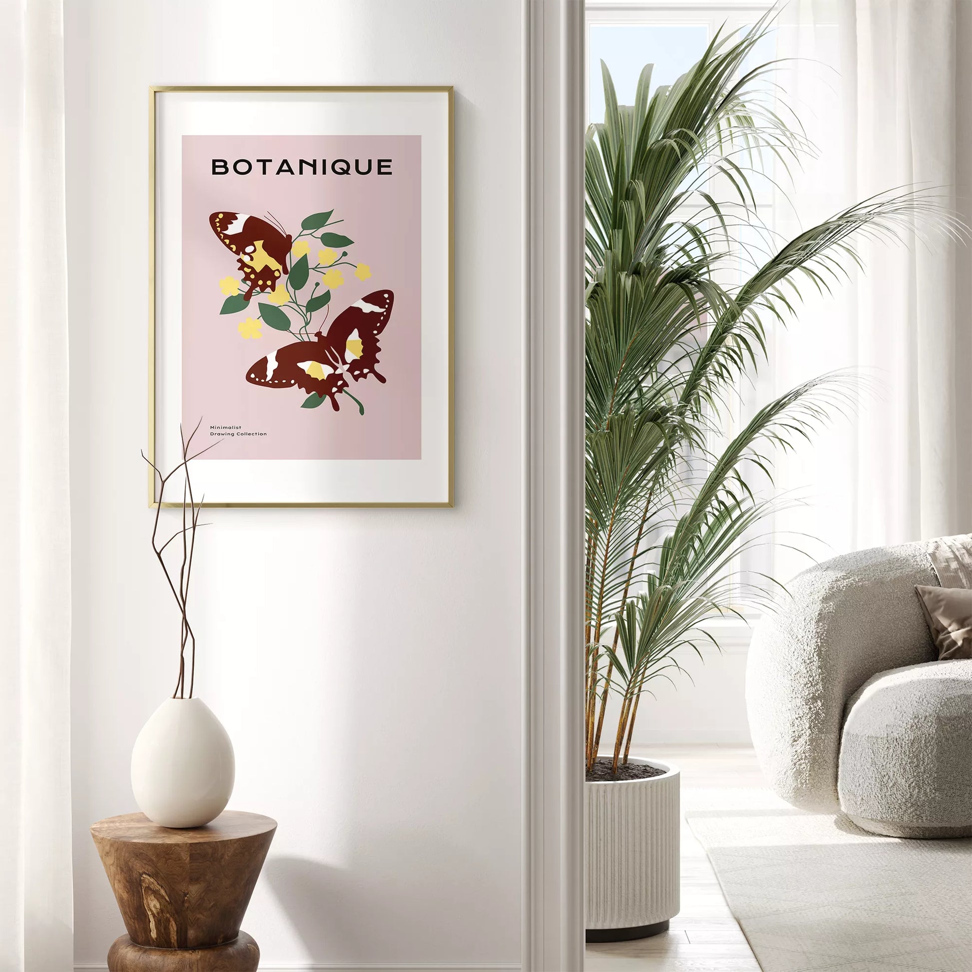 蝶とイエローフラワーの北欧ボタニカルアートポスター ピンク背景