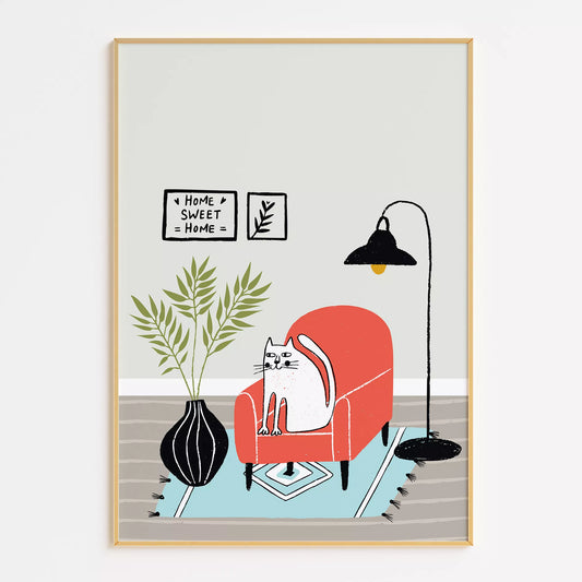 赤い椅子に座る白猫の北欧風アートポスター 可愛いインテリア