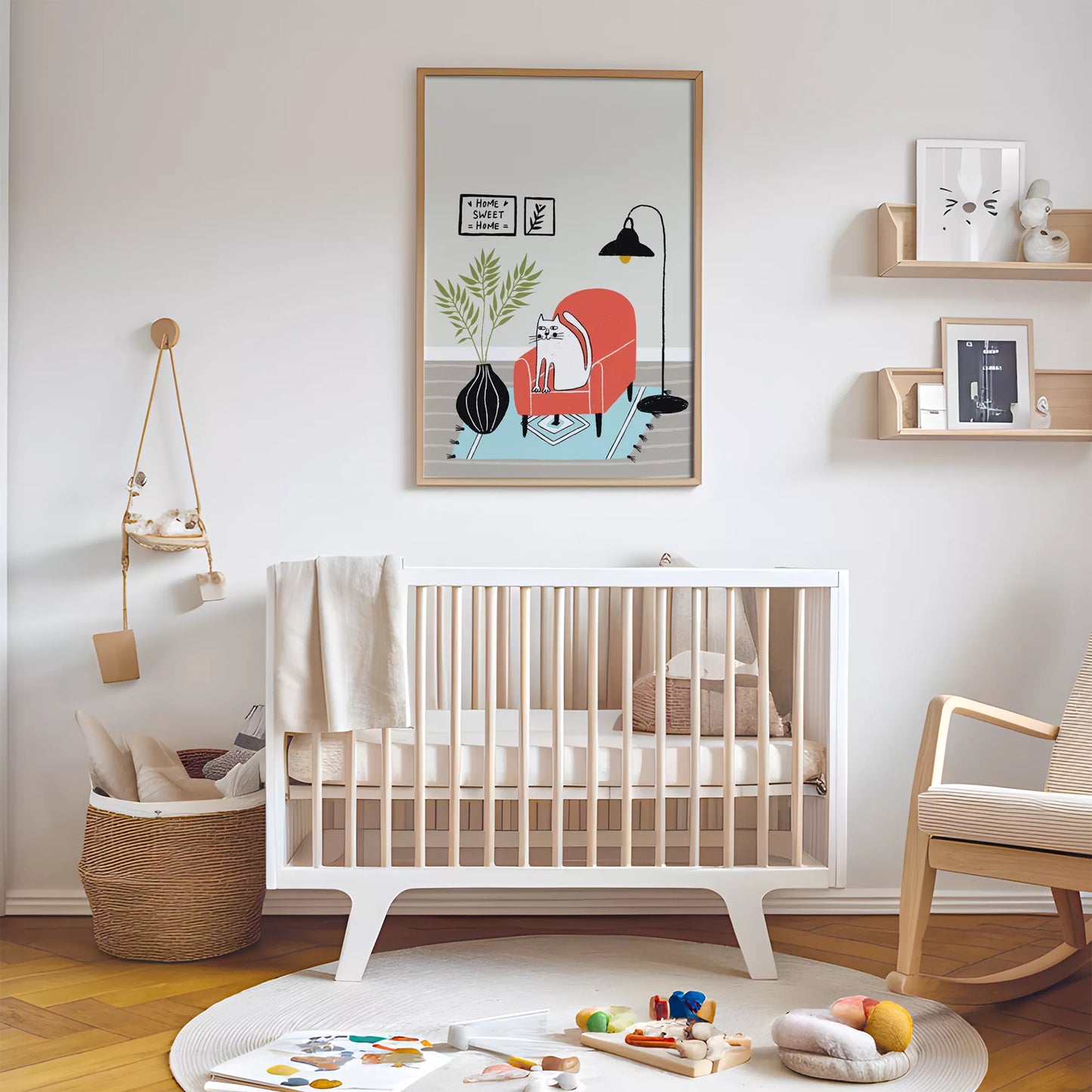 赤い椅子に座る白猫の北欧風アートポスター 可愛いインテリア