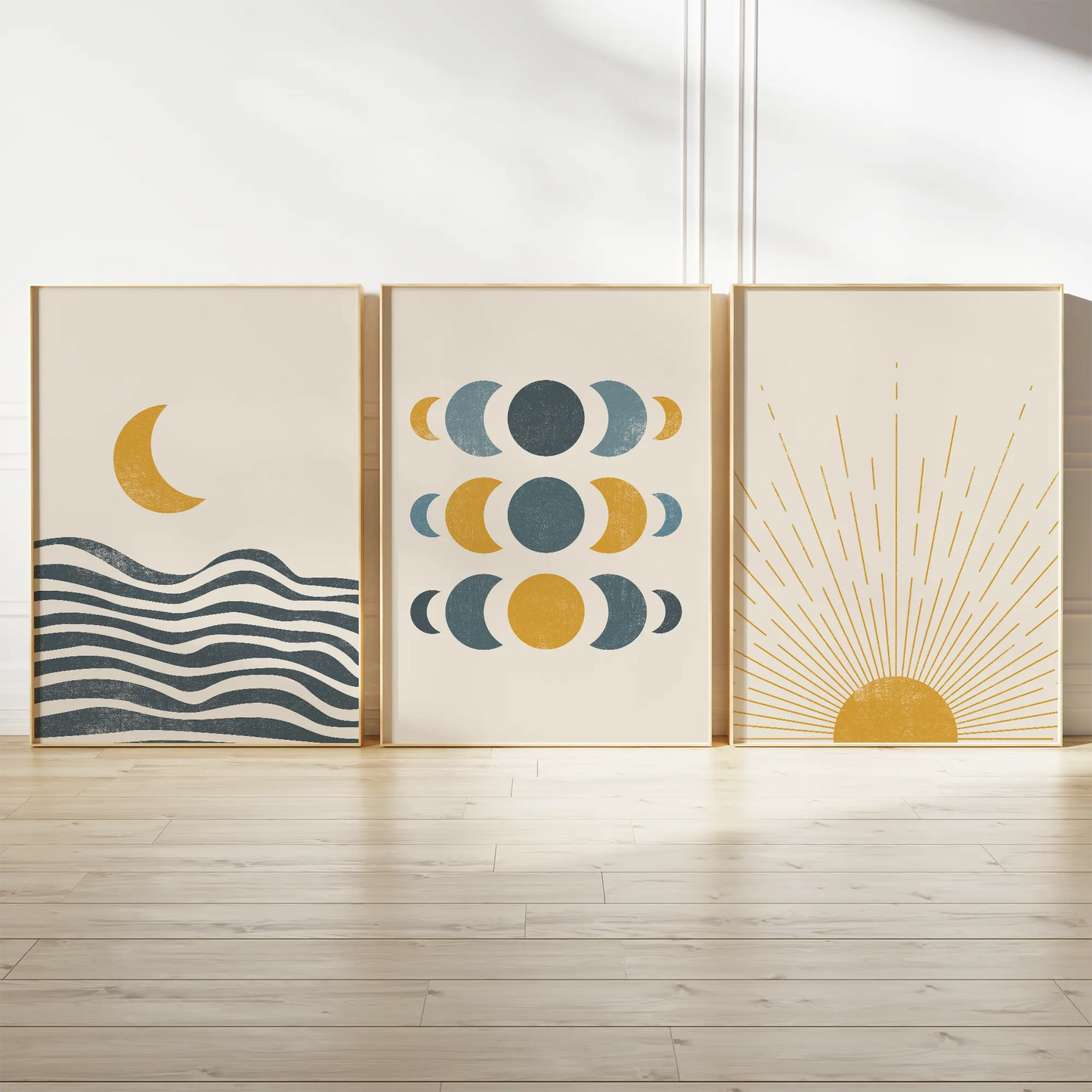 月の満ち欠けと太陽を描いたジオメトリックな北欧ミニマルアートポスター 3枚セット