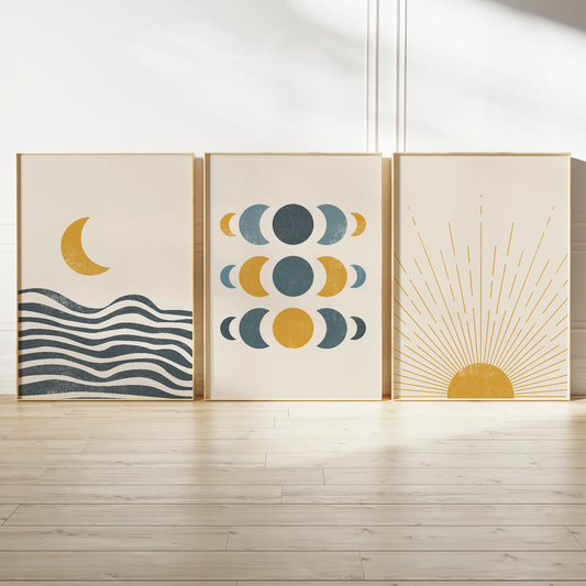 月の満ち欠けと太陽を描いたジオメトリックな北欧ミニマルアートポスター 3枚セット