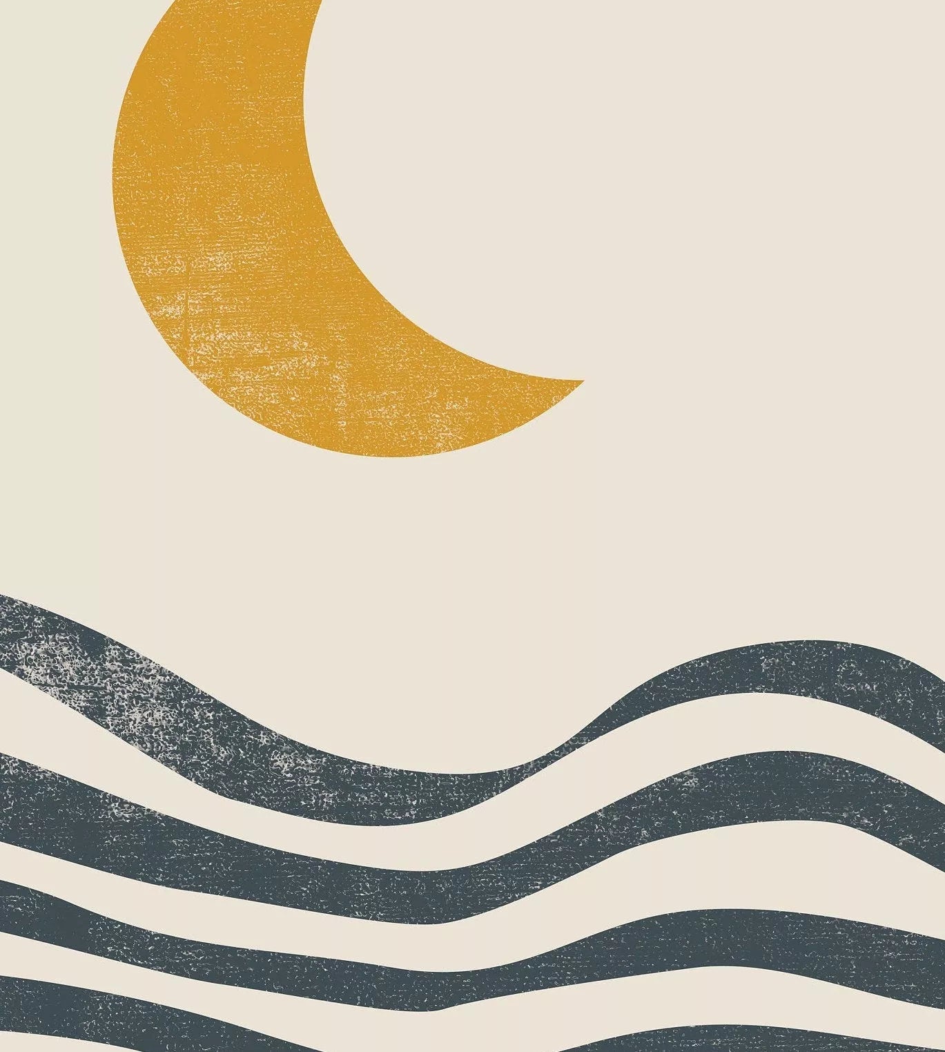 月の満ち欠けと波のミニマルアート3枚セット、ベージュ背景