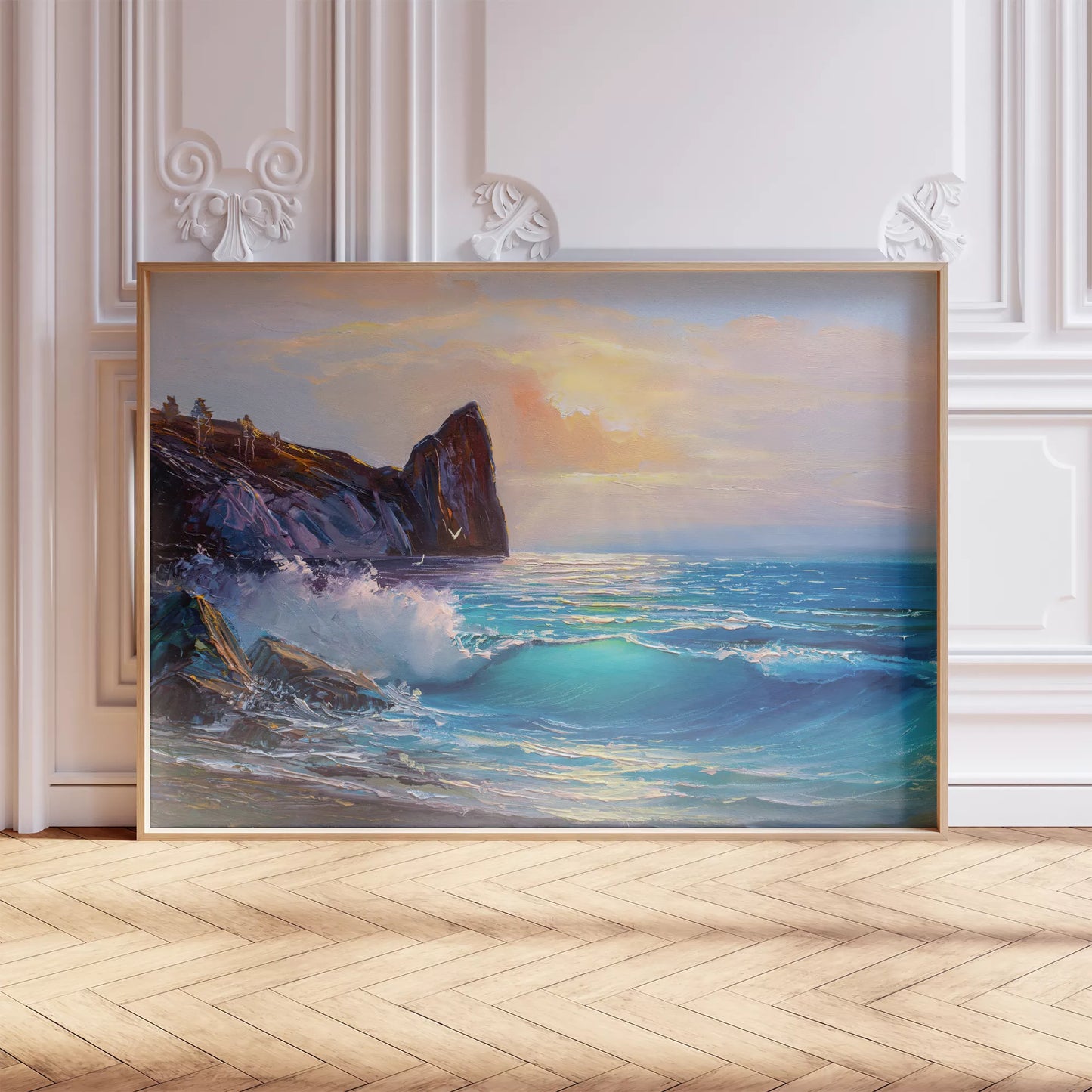 波が岩に打ち寄せる夕暮れの海岸風景アート