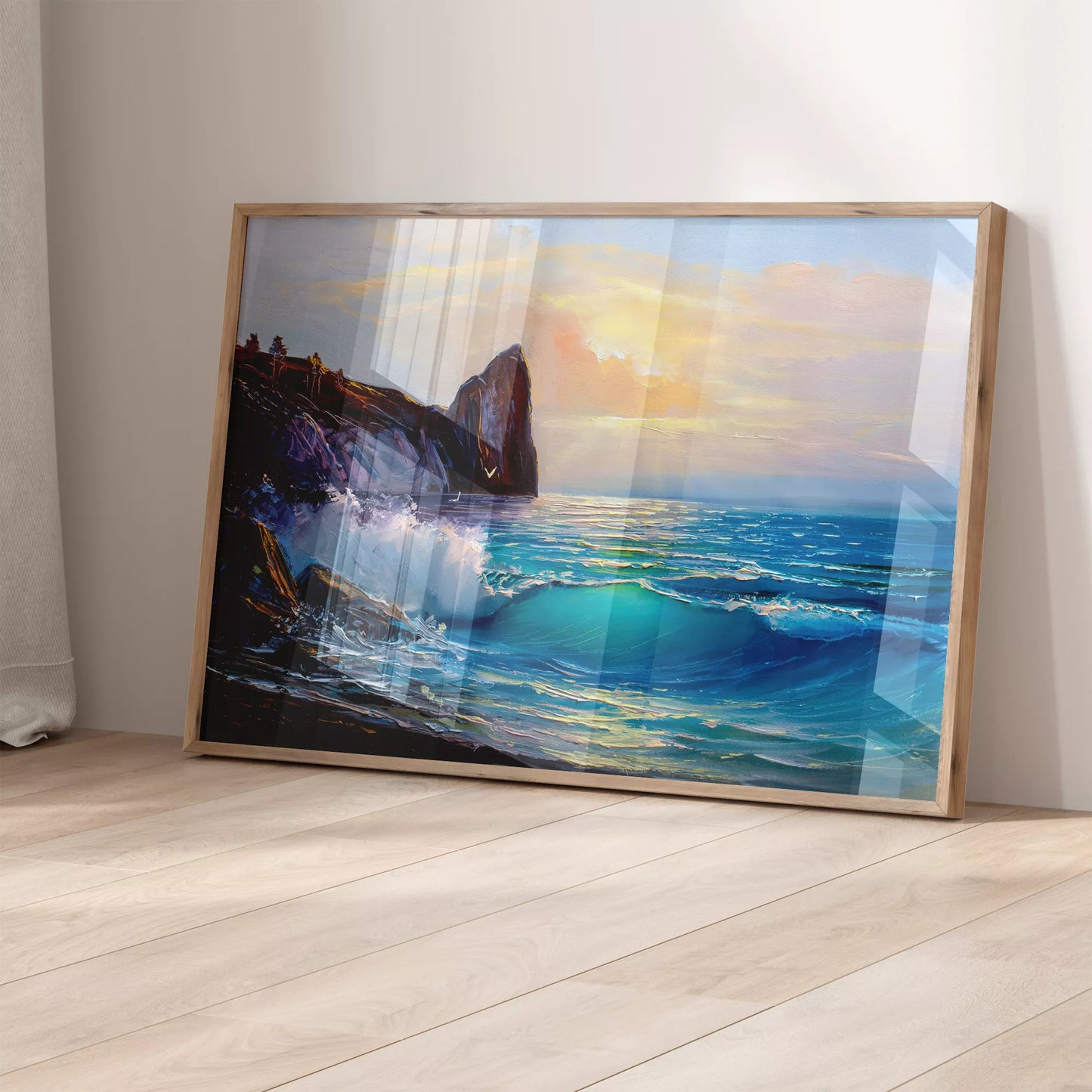 波が岩に打ち寄せる夕暮れの海岸風景アート