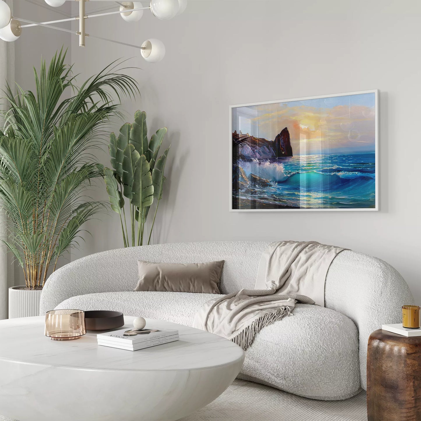 波が岩に打ち寄せる夕暮れの海岸風景アート