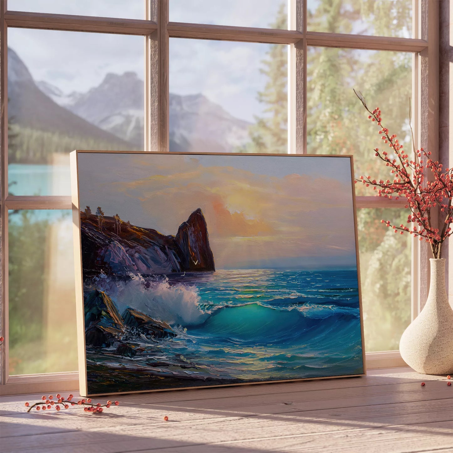 波が岩に打ち寄せる夕暮れの海岸風景アート