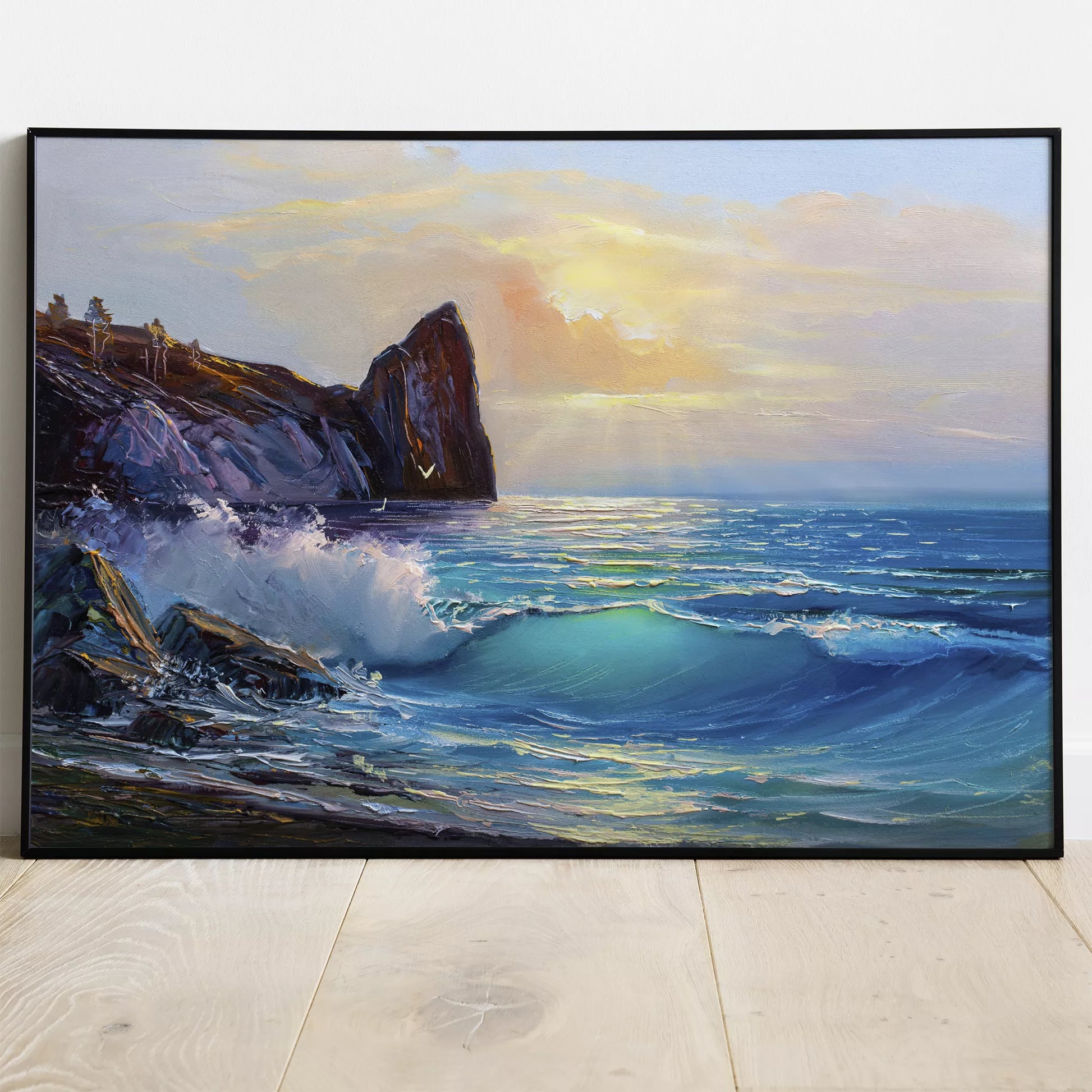 波が岩に打ち寄せる夕暮れの海岸風景アート
