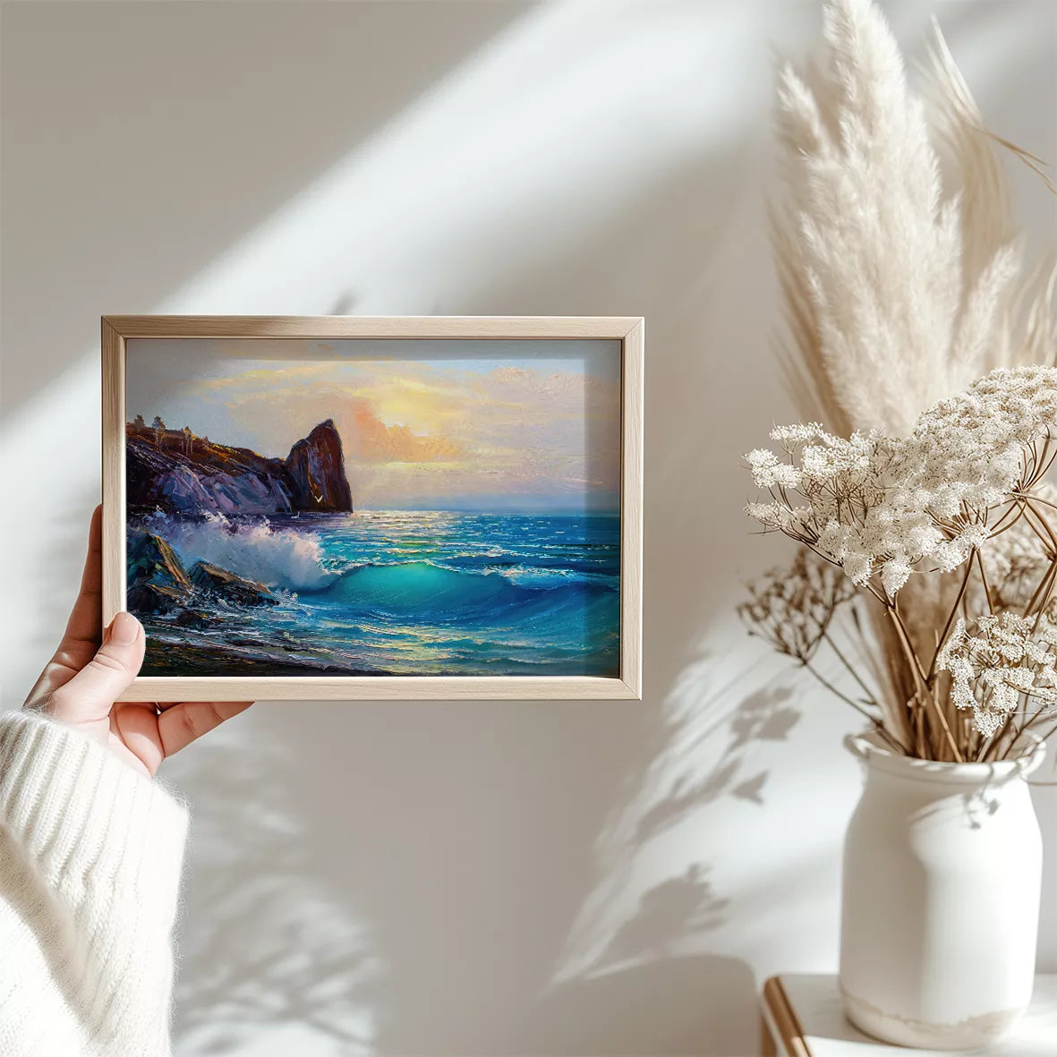 波が岩に打ち寄せる夕暮れの海岸風景アート