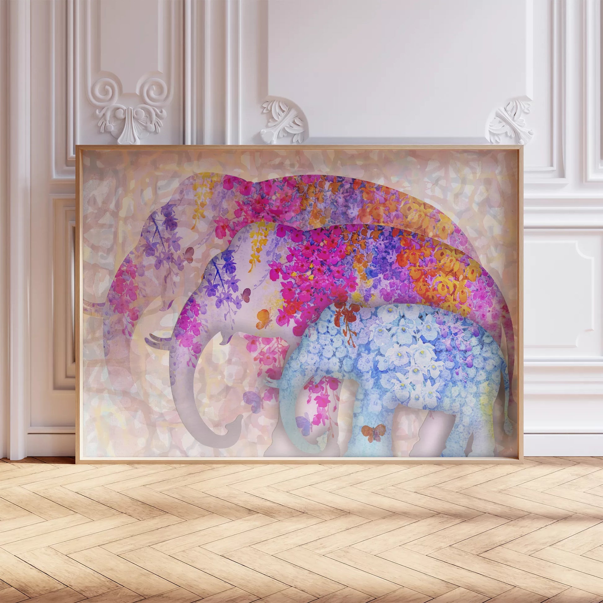 花柄で彩られた象の親子のカラフルなアートプリント