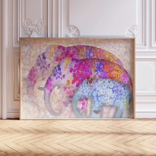 花柄で彩られた象の親子のカラフルなアートプリント