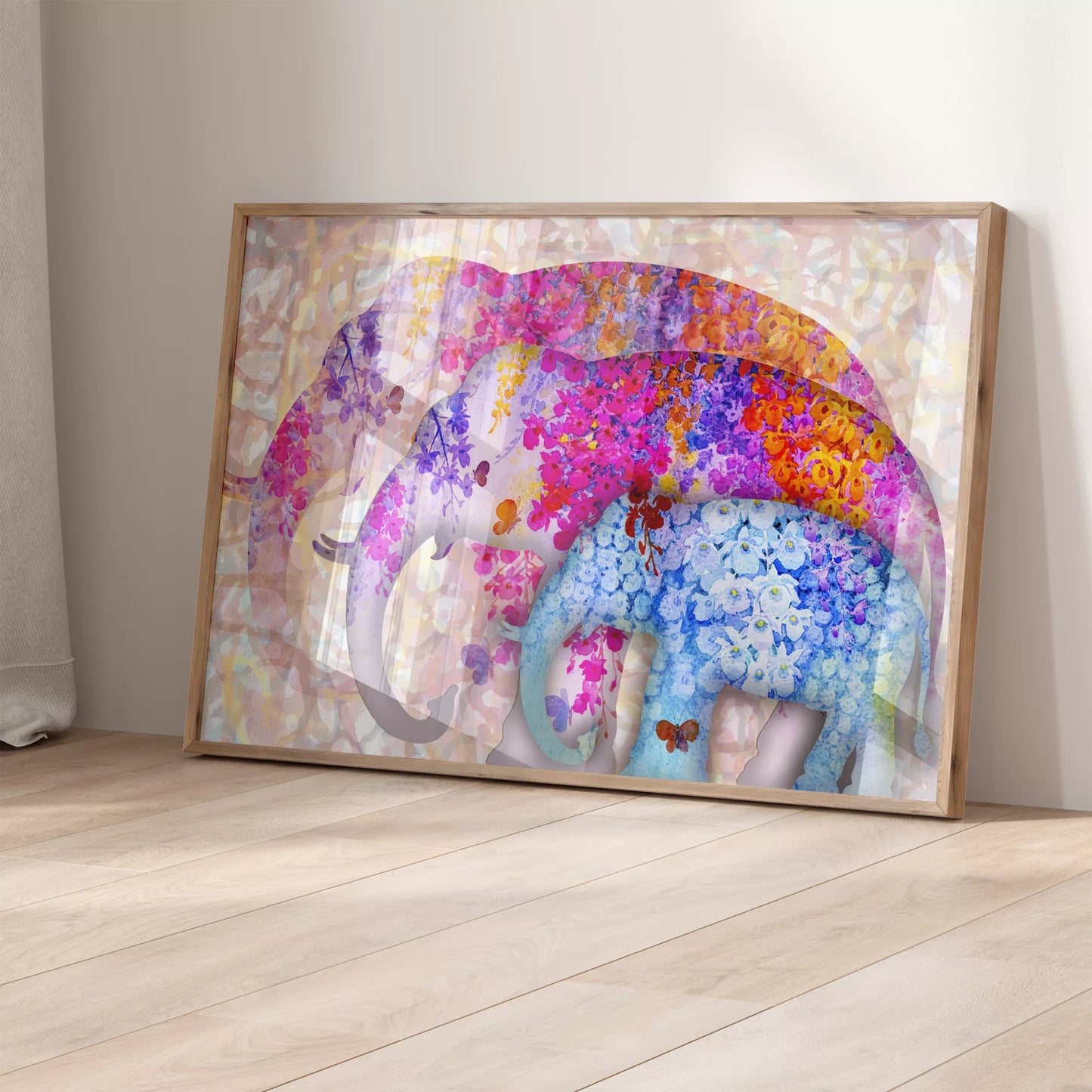 花柄で彩られた象の親子のカラフルなアートプリント