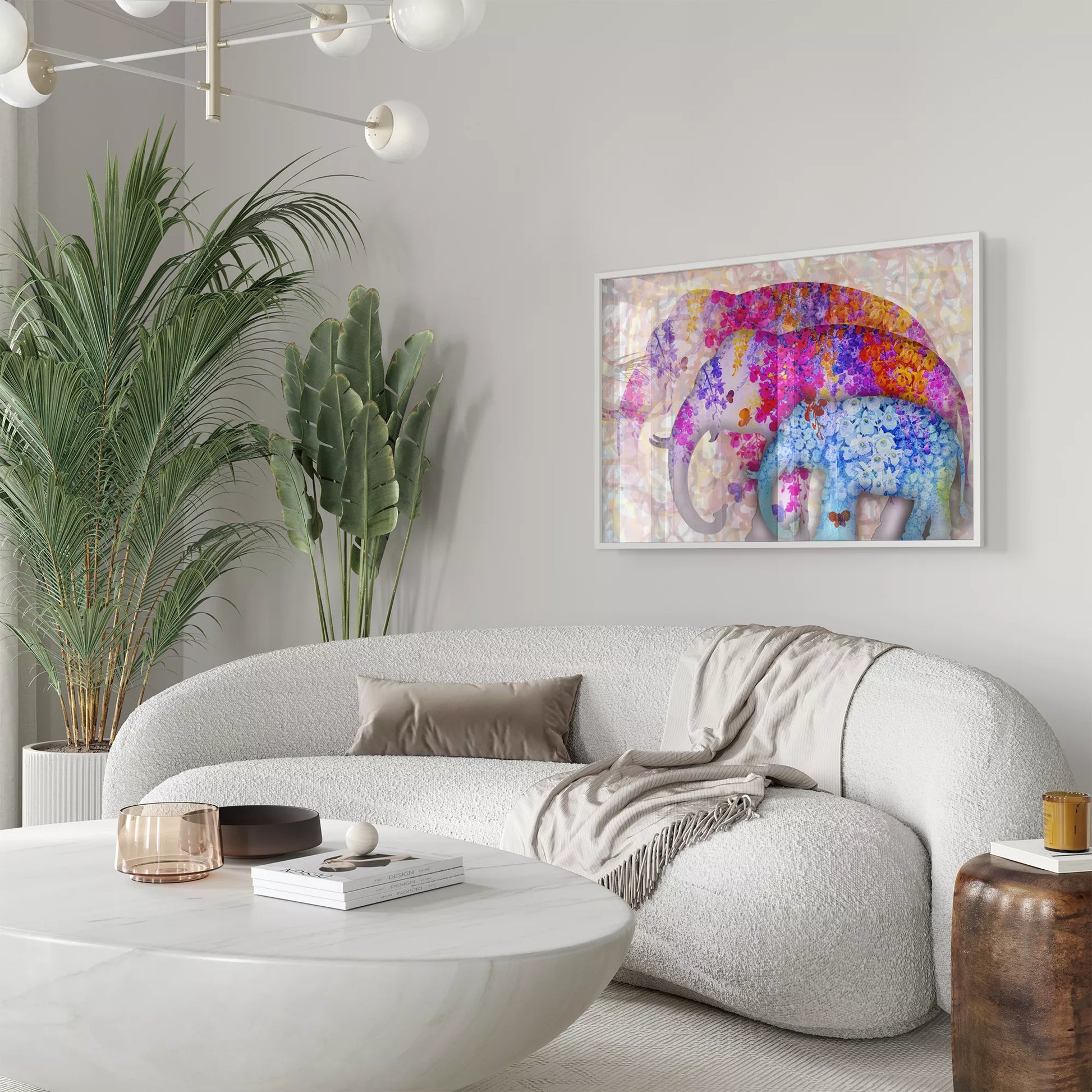 花柄で彩られた象の親子のカラフルなアートプリント