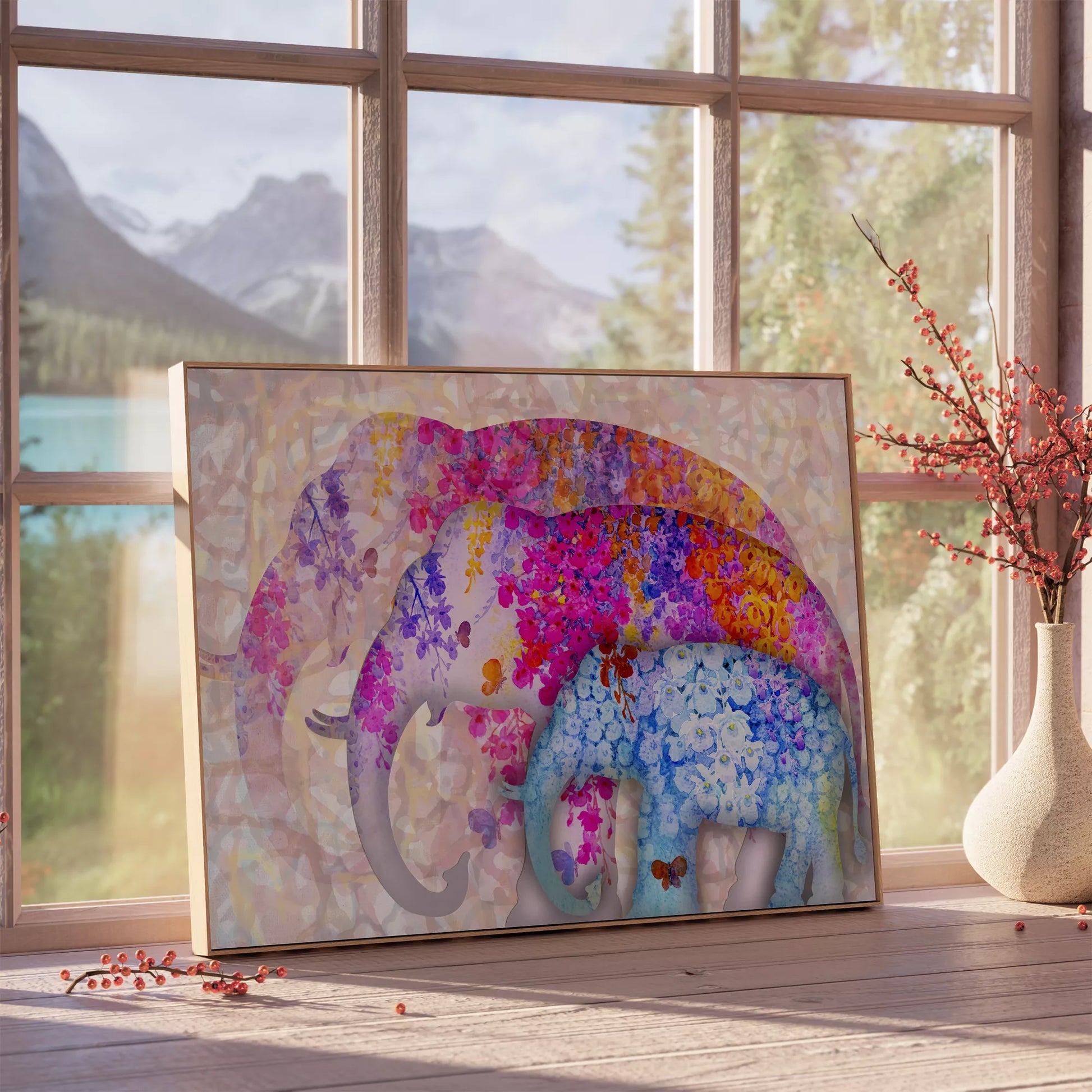 花柄で彩られた象の親子のカラフルなアートプリント