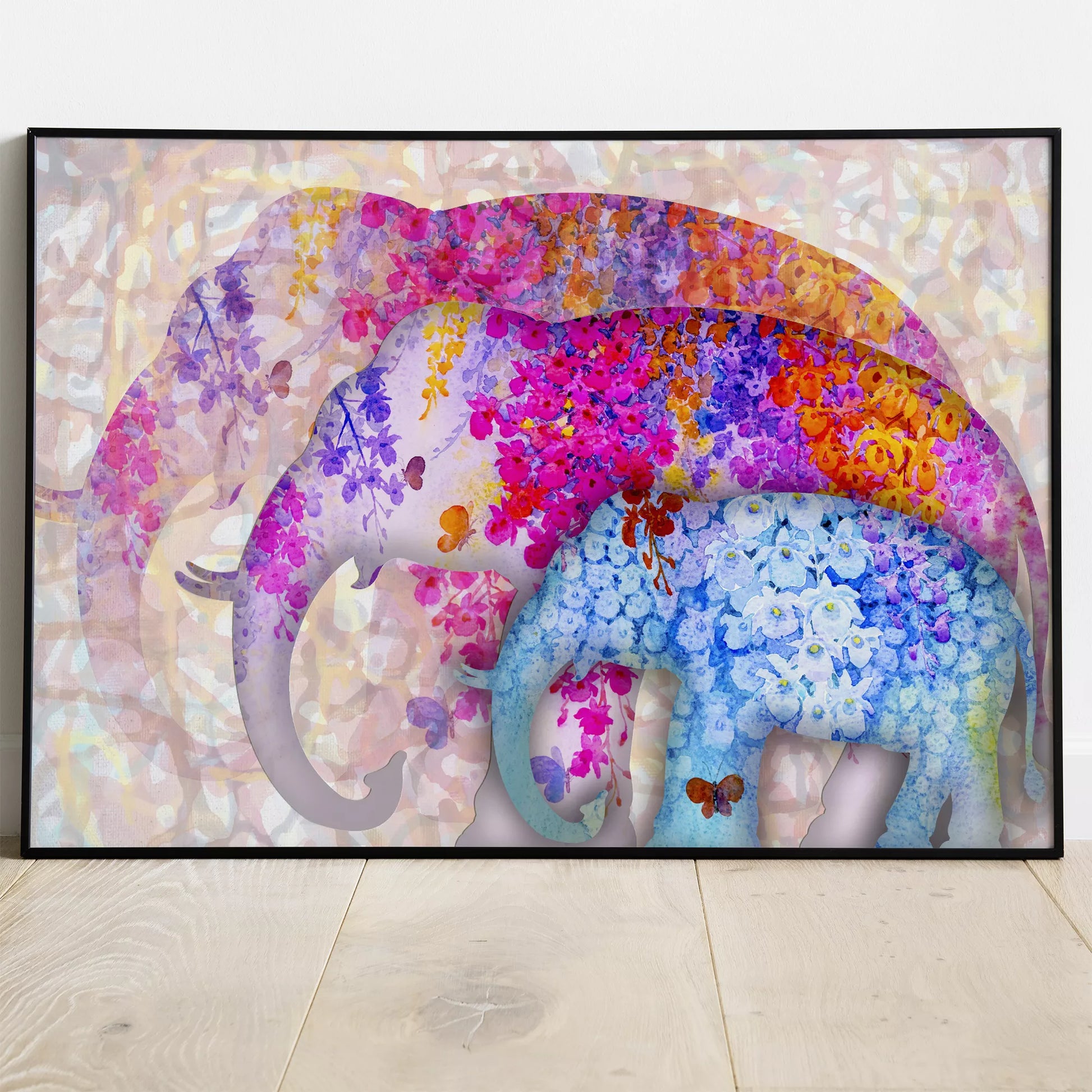 花柄で彩られた象の親子のカラフルなアートプリント
