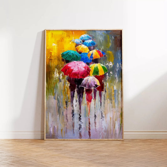 カラフルな傘が描かれたアートプリント、雨の日の情景を表現