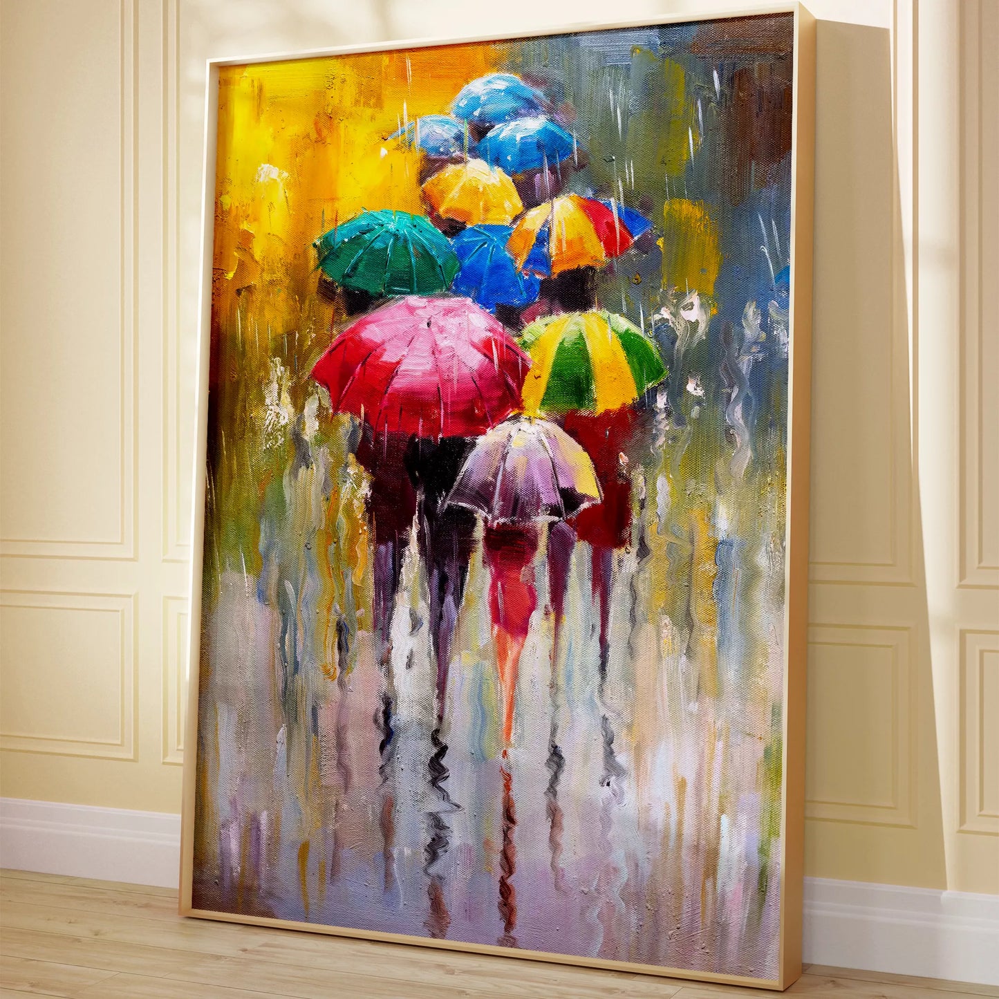 カラフルな傘が描かれたアートプリント、雨の日の情景を表現