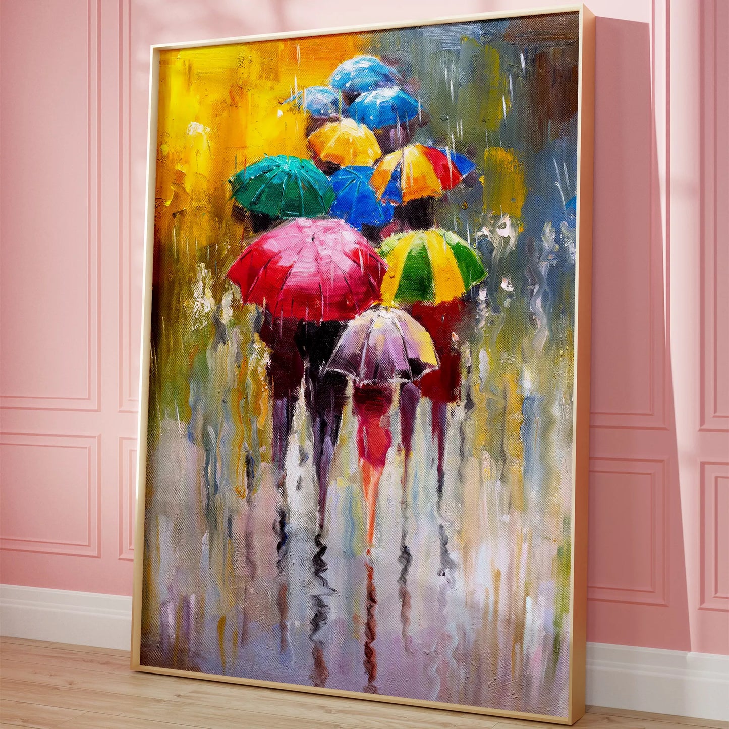 カラフルな傘が描かれたアートプリント、雨の日の情景を表現