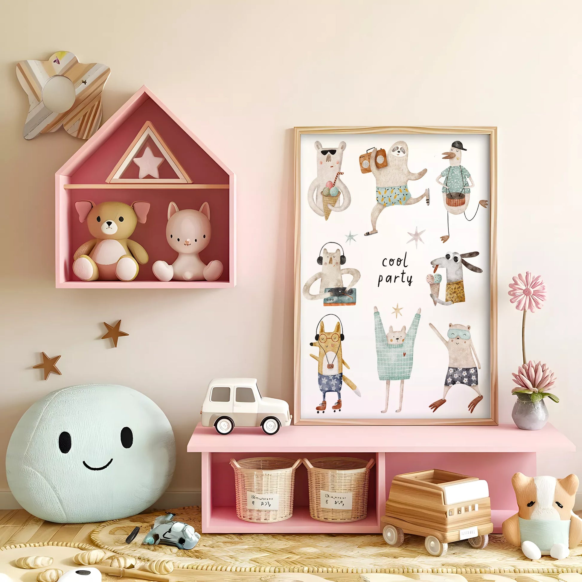 動物デザインのキッズアートポスター 子供部屋用