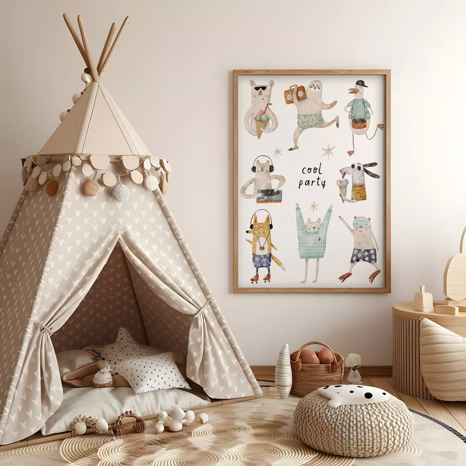 動物デザインのキッズアートポスター 子供部屋用