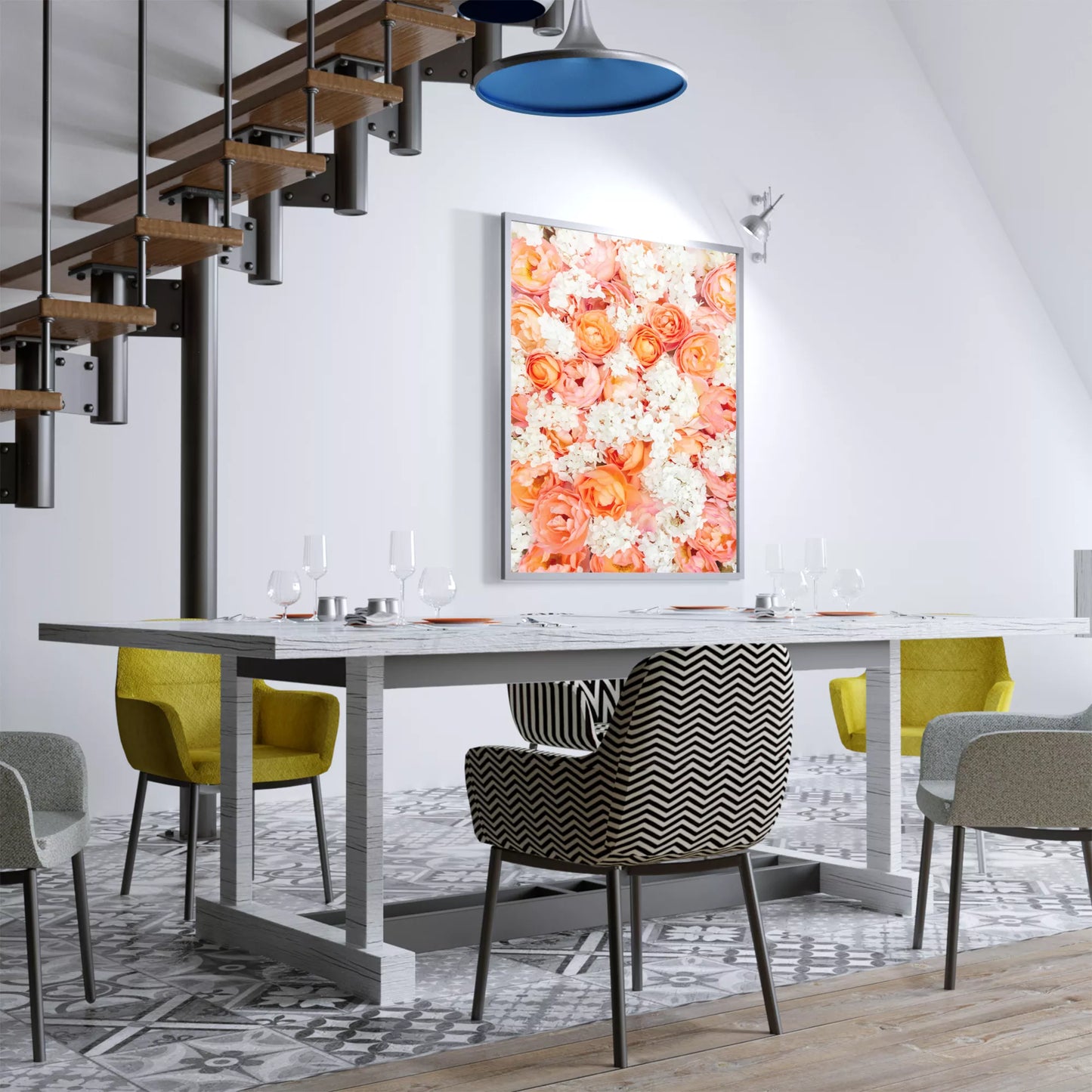 サンゴ色のバラと白い紫陽花の優雅な花束アートプリント