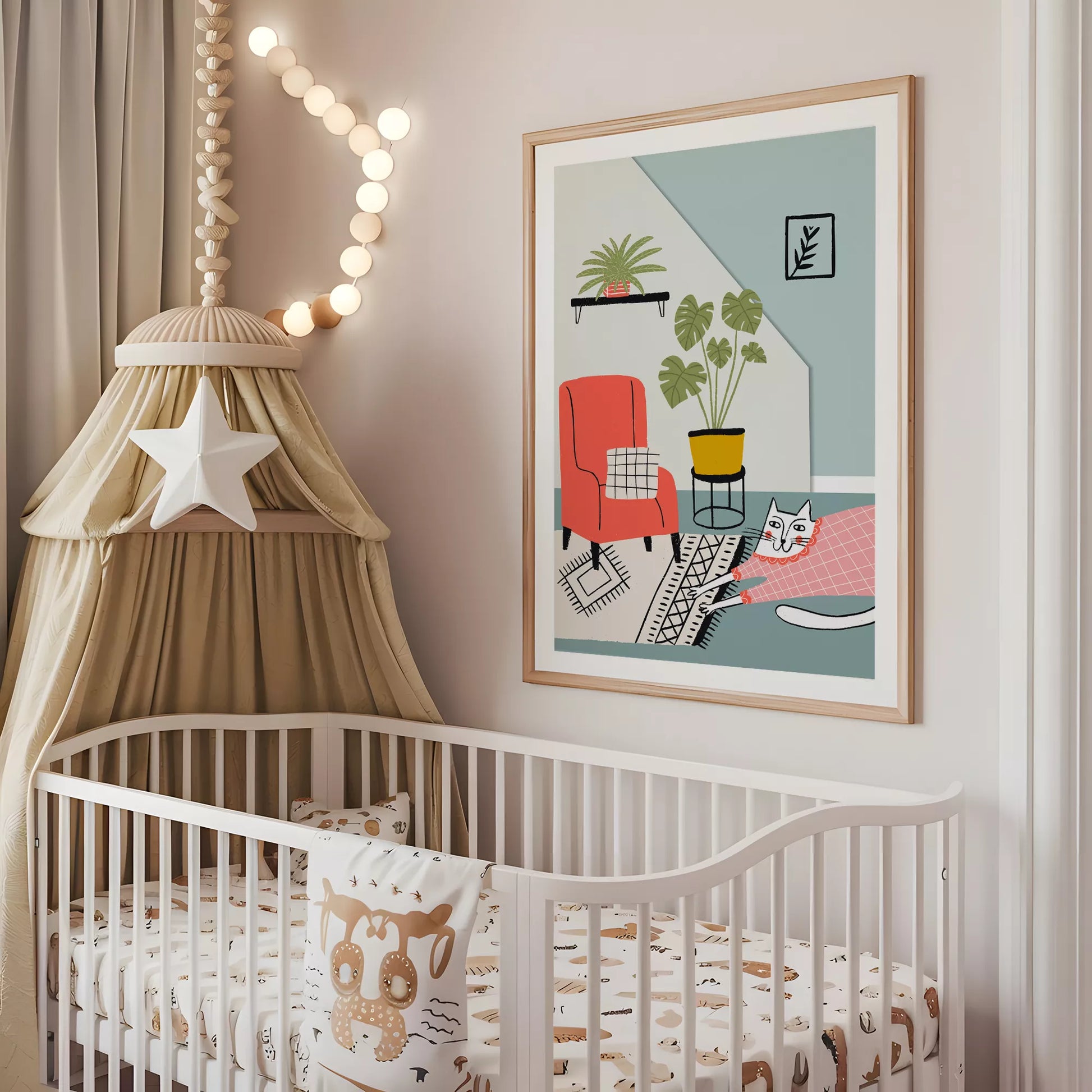 居心地の良い空間をテーマにしたキャットデザインのキッズアートポスター 子供部屋用