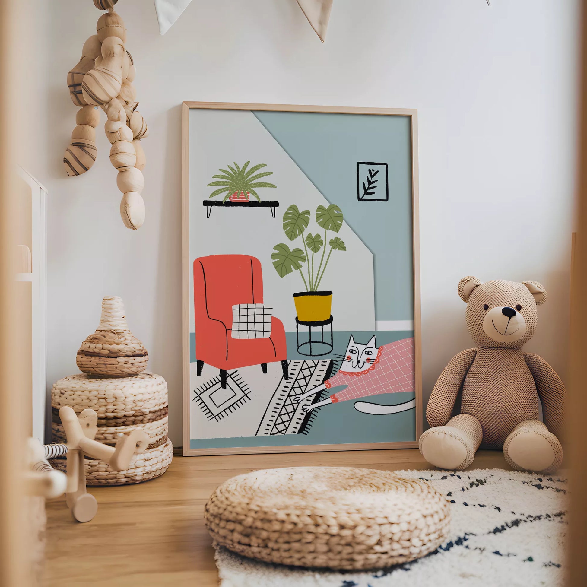 居心地の良い空間をテーマにしたキャットデザインのキッズアートポスター 子供部屋用