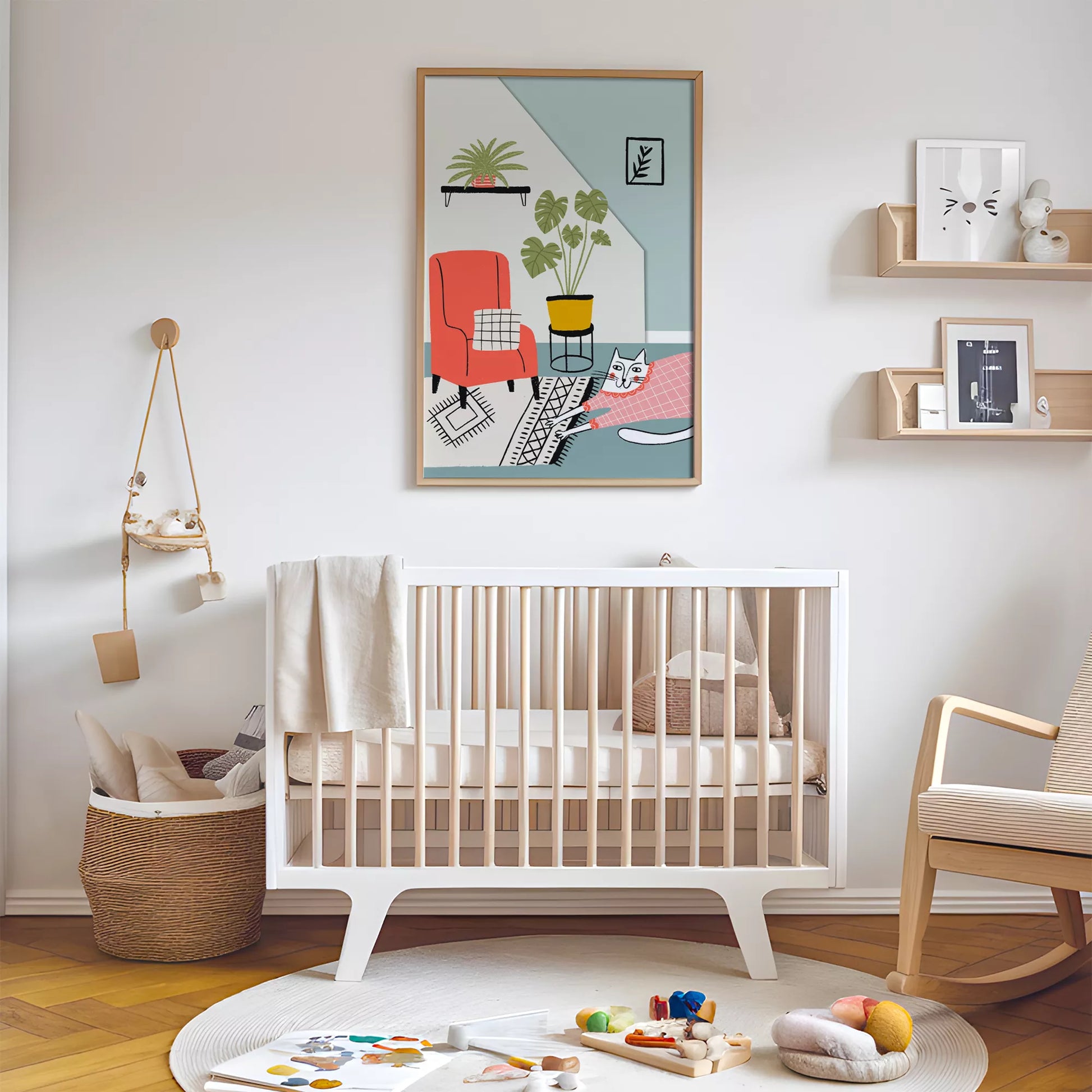 居心地の良い空間をテーマにしたキャットデザインのキッズアートポスター 子供部屋用