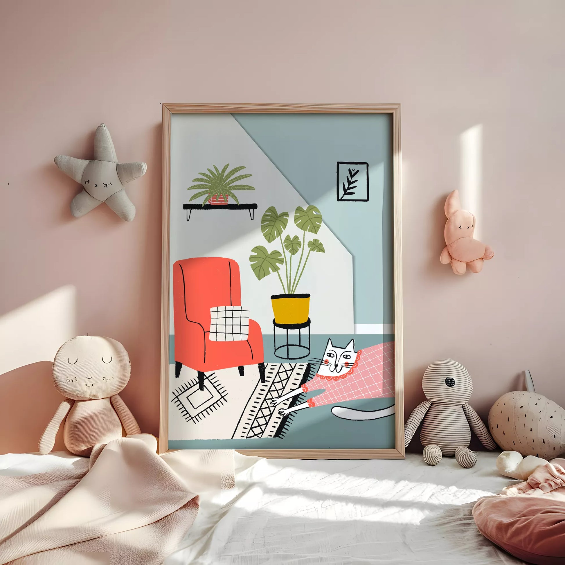 居心地の良い空間をテーマにしたキャットデザインのキッズアートポスター 子供部屋用
