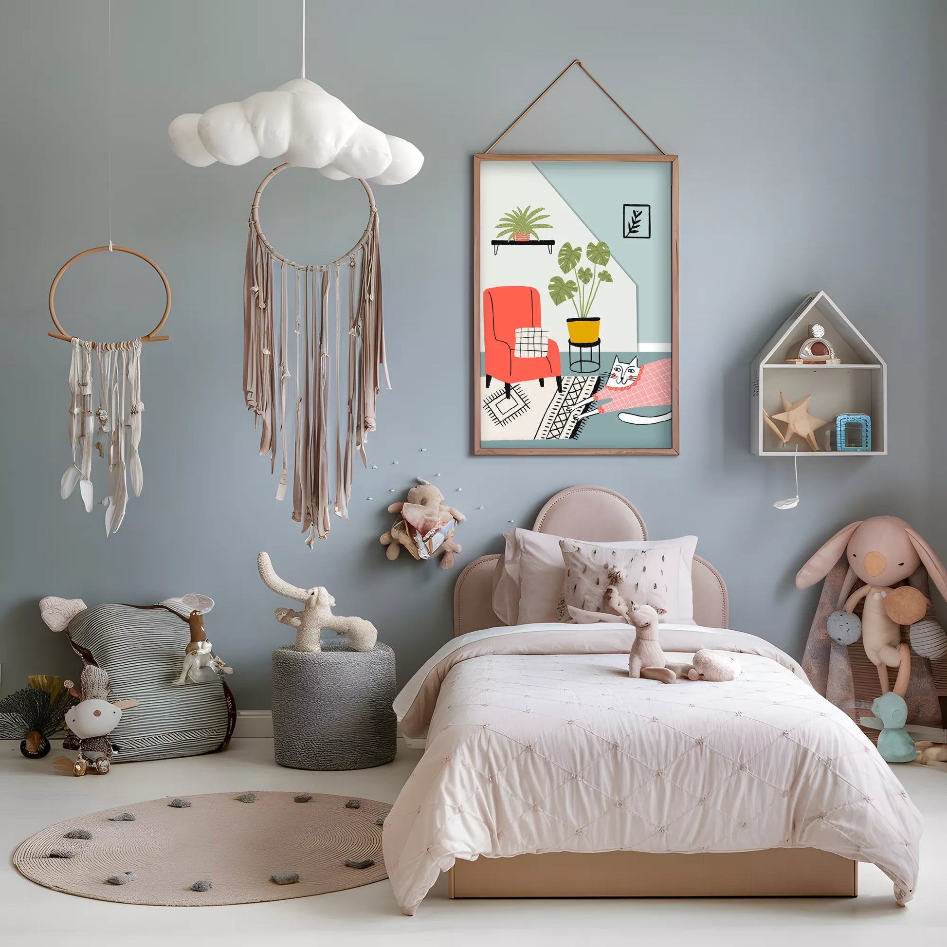 居心地の良い空間をテーマにしたキャットデザインのキッズアートポスター 子供部屋用
