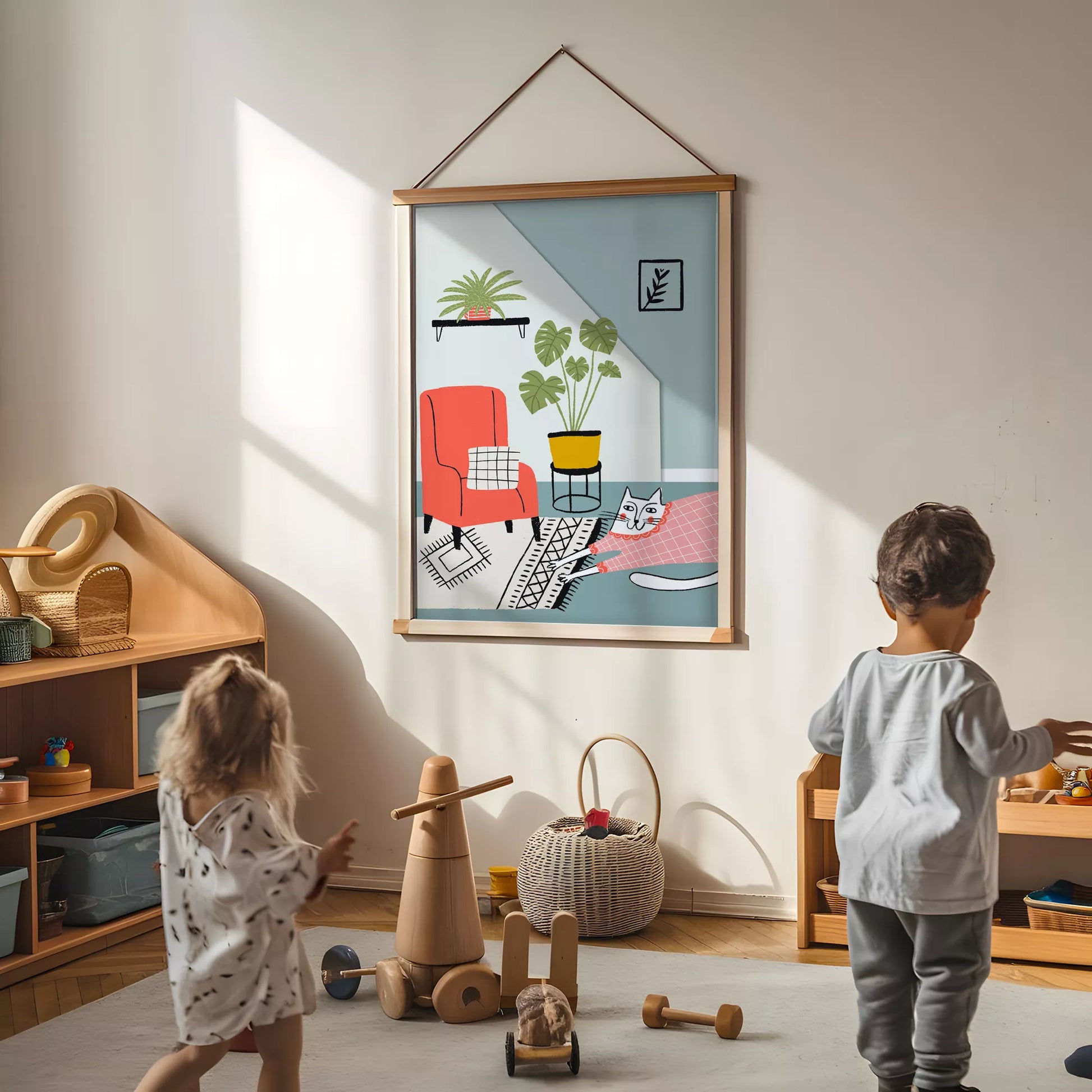 居心地の良い空間をテーマにしたキャットデザインのキッズアートポスター 子供部屋用