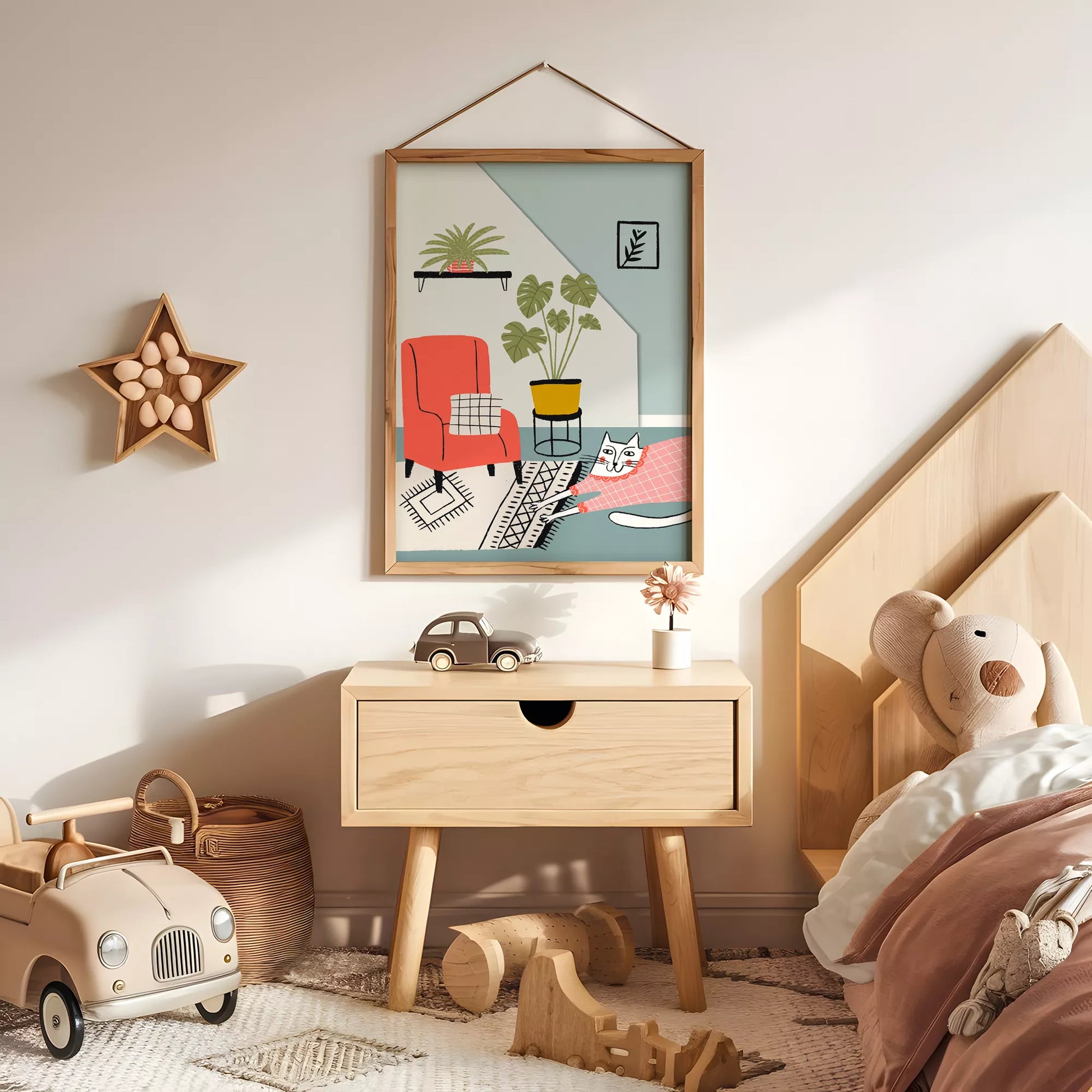 居心地の良い空間をテーマにしたキャットデザインのキッズアートポスター 子供部屋用