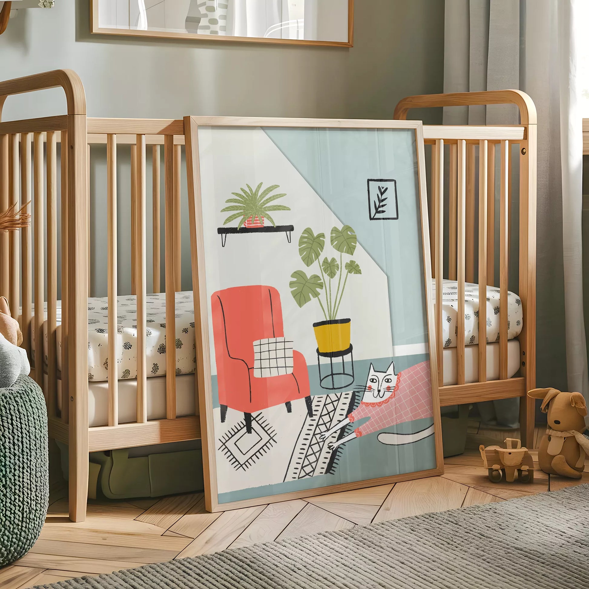 居心地の良い空間をテーマにしたキャットデザインのキッズアートポスター 子供部屋用