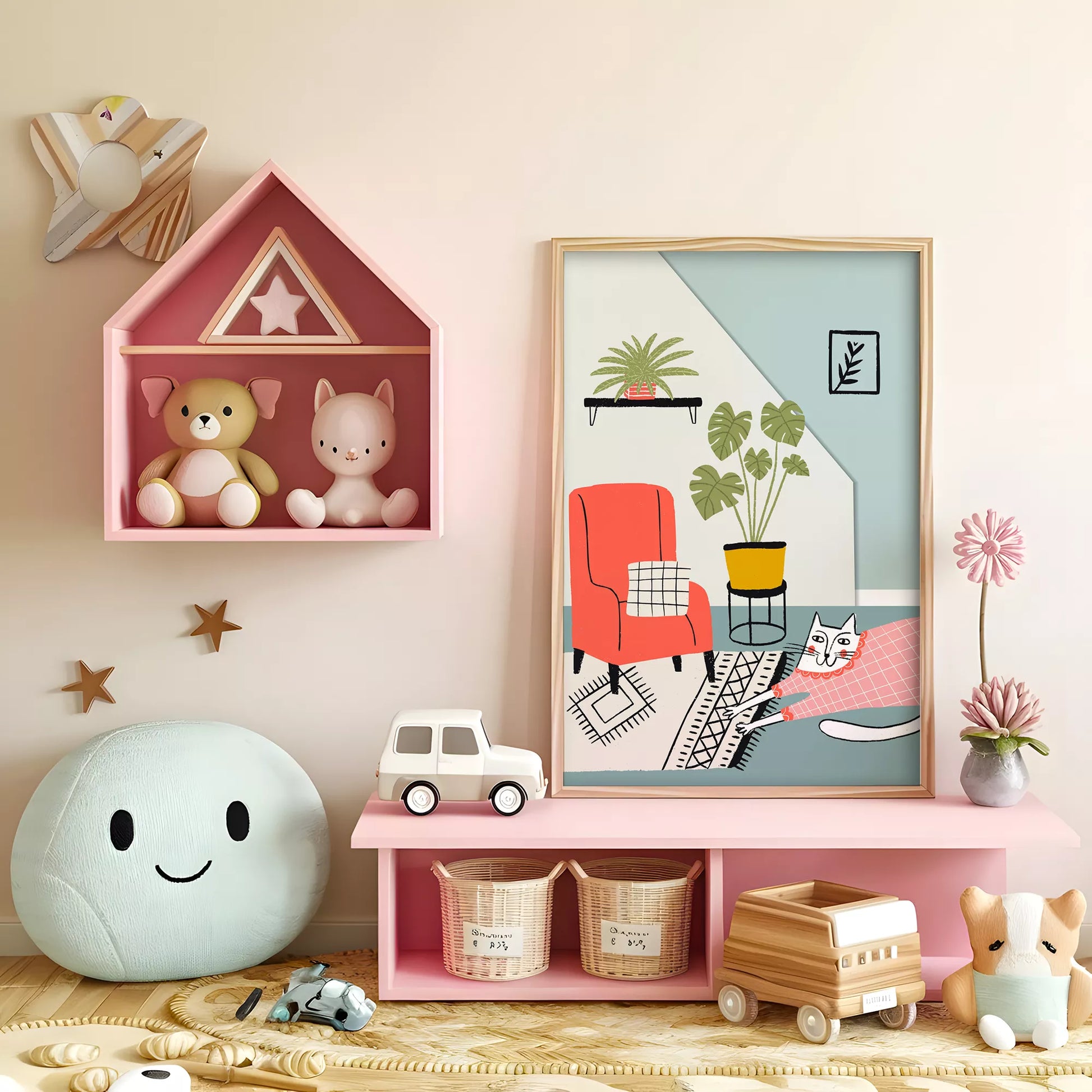 居心地の良い空間をテーマにしたキャットデザインのキッズアートポスター 子供部屋用